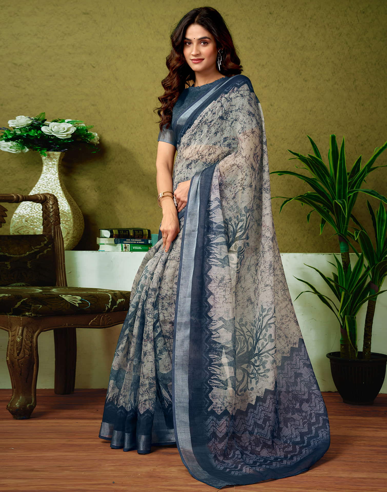 Ready To Wear Stone Grey Linen Zari Printed Saree