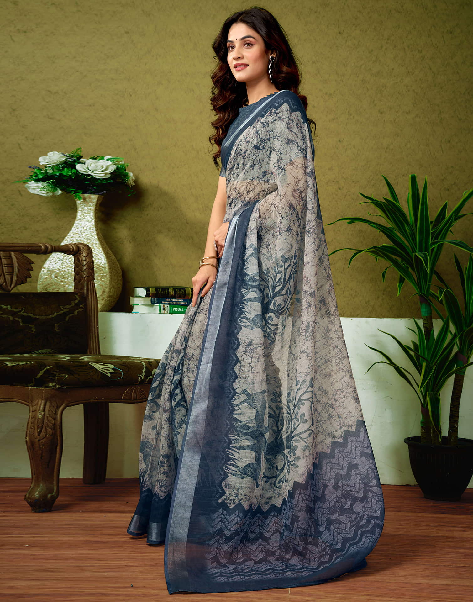 Ready To Wear Stone Grey Linen Zari Printed Saree