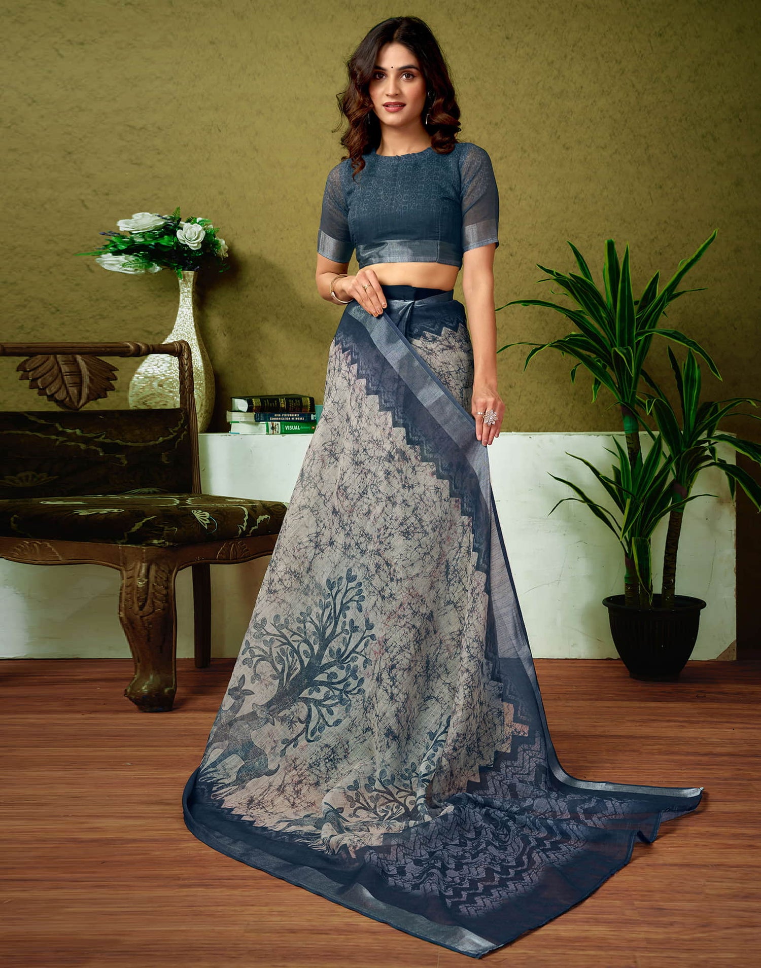 Ready To Wear Stone Grey Linen Zari Printed Saree