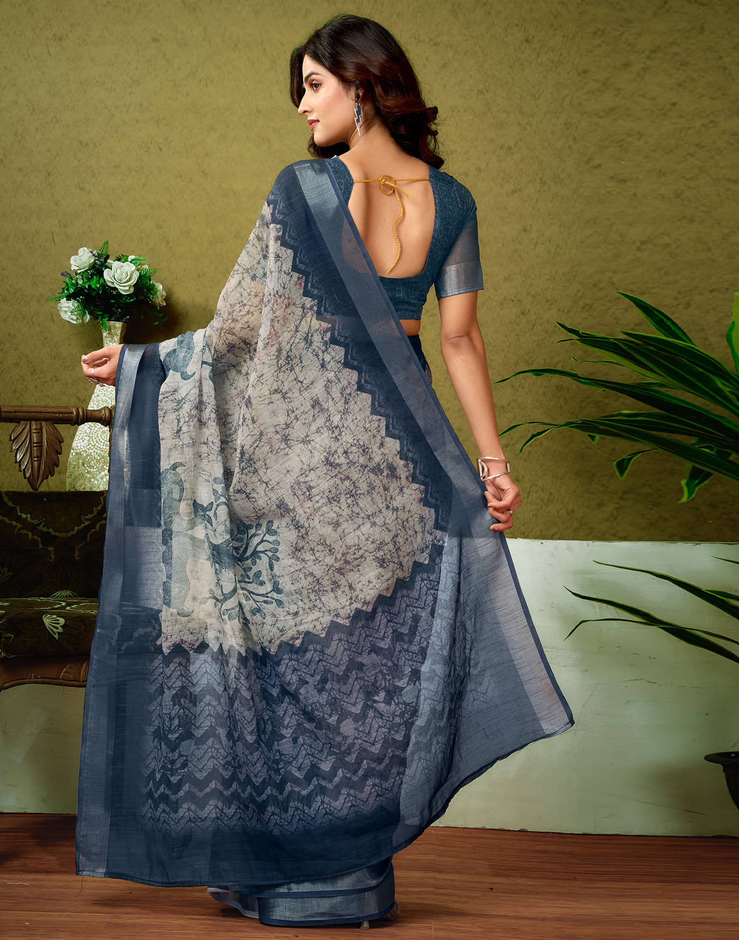 Ready To Wear Stone Grey Linen Zari Printed Saree