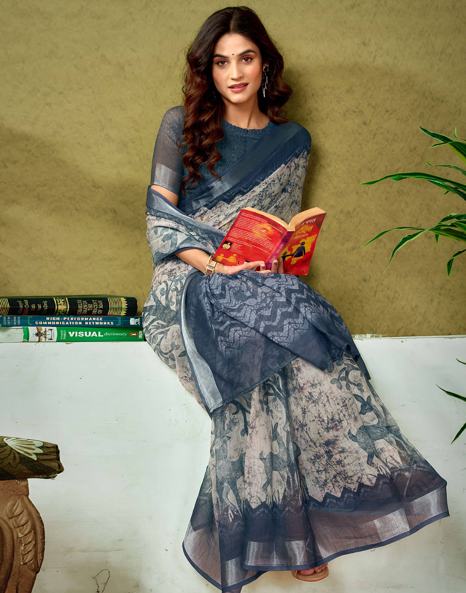 Ready To Wear Stone Grey Linen Zari Printed Saree