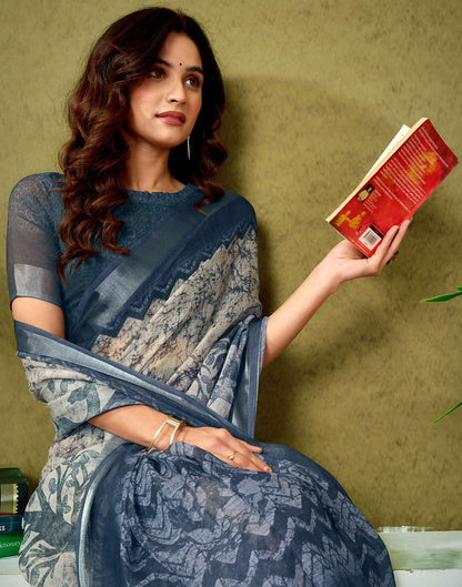 Ready To Wear Stone Grey Linen Zari Printed Saree