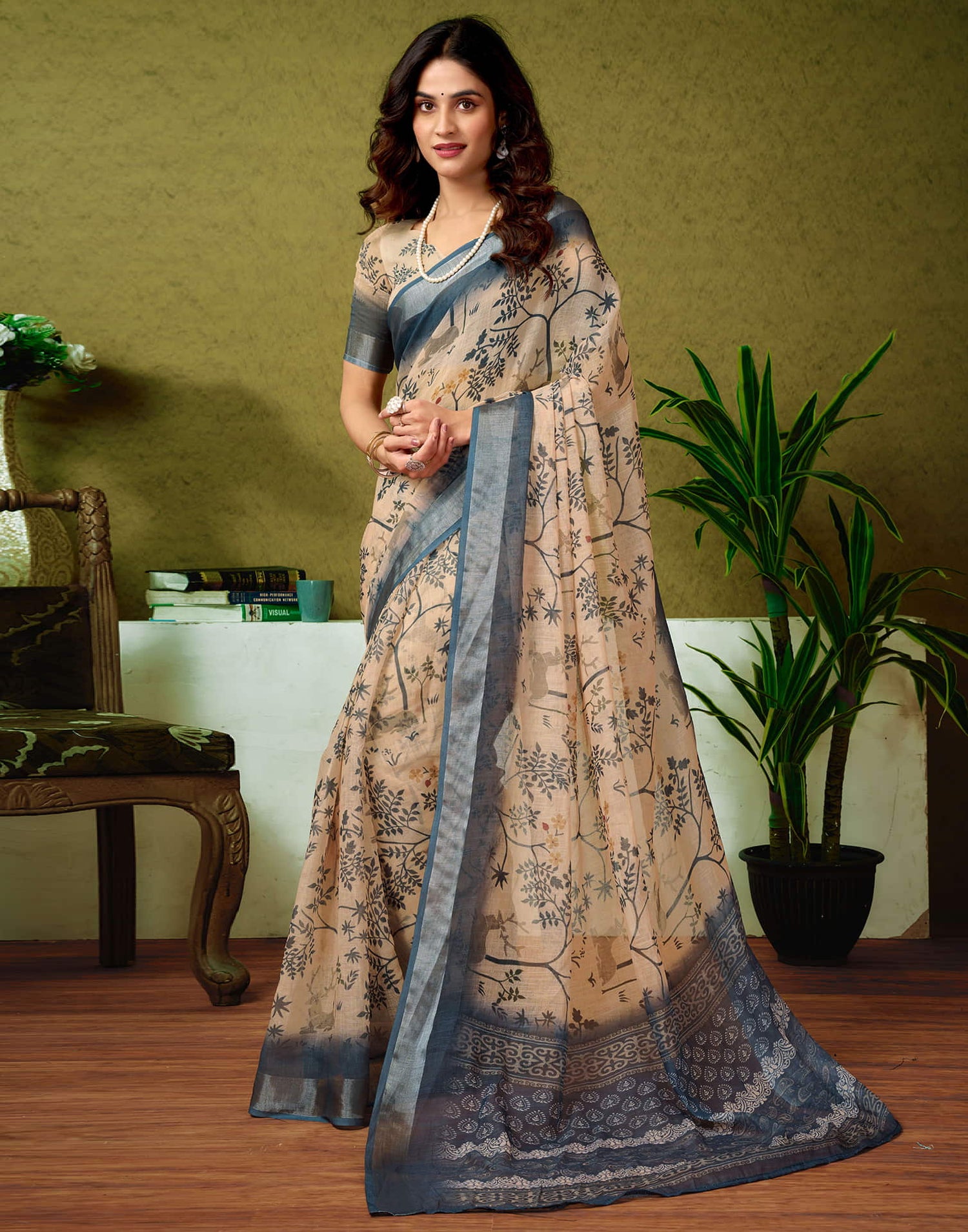 Ready To Wear Cream Linen Zari Printed Saree