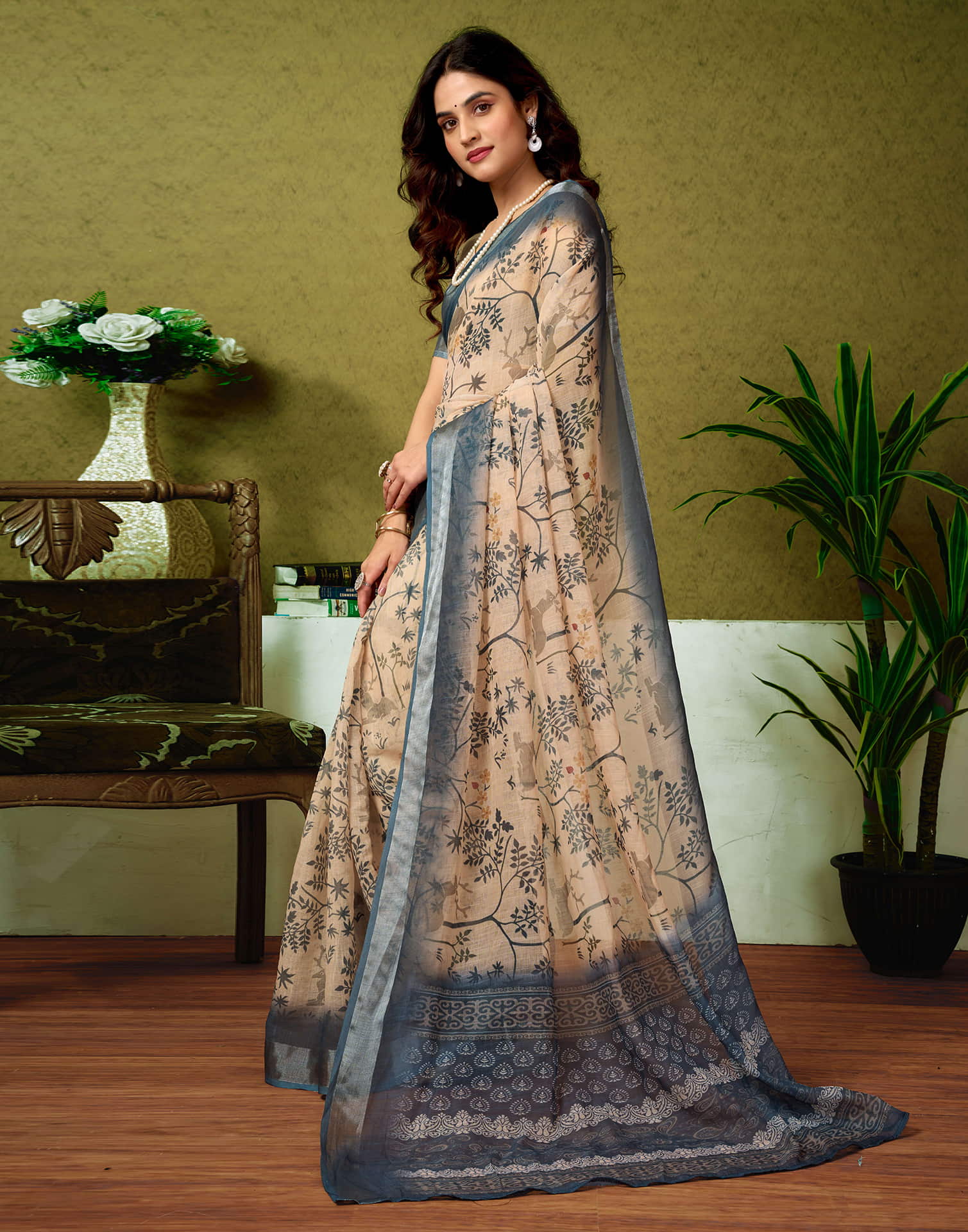 Ready To Wear Cream Linen Zari Printed Saree