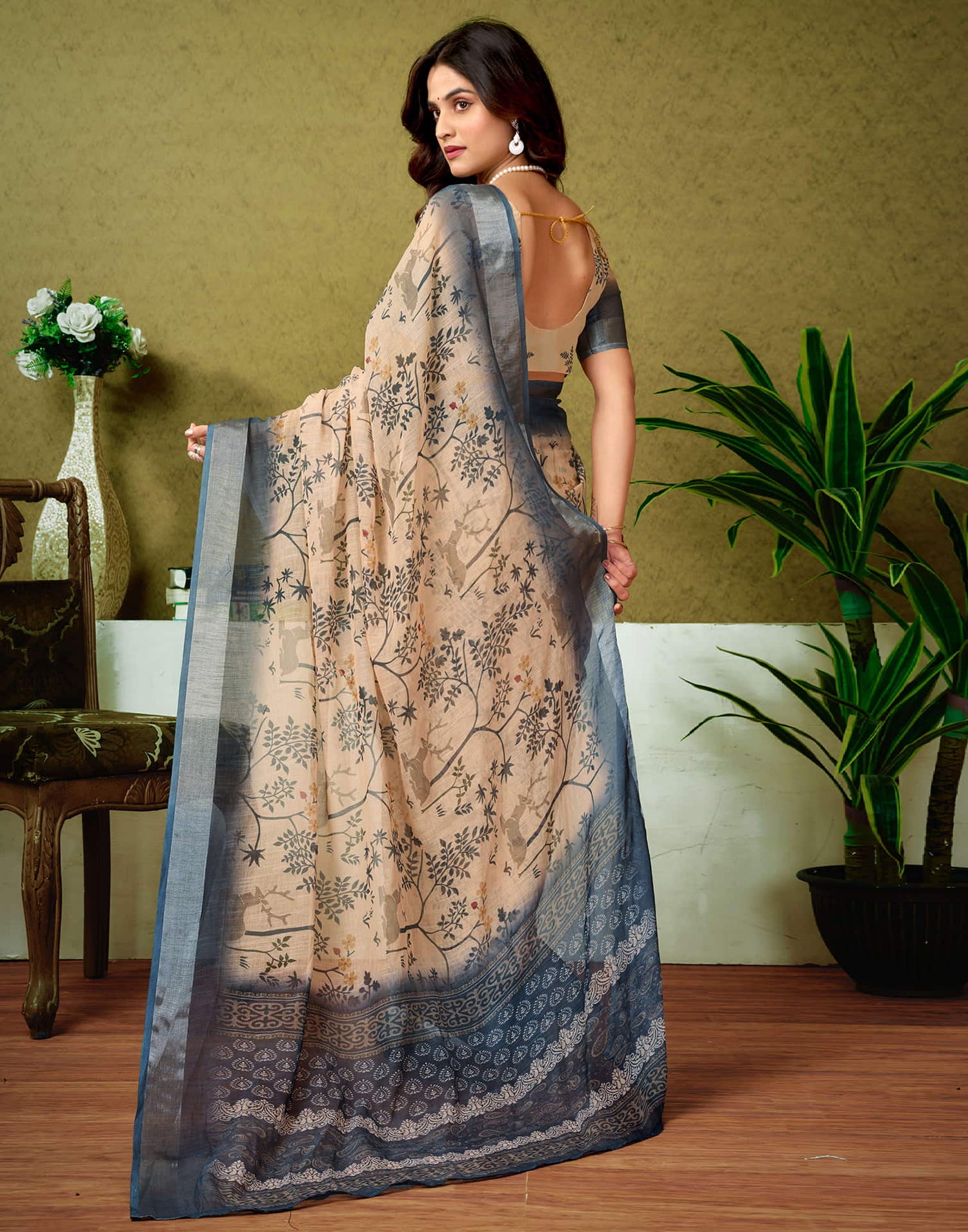 Ready To Wear Cream Linen Zari Printed Saree