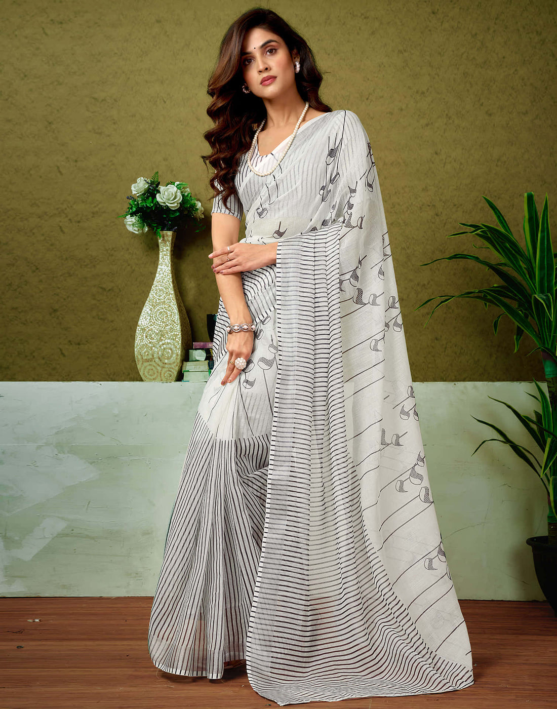 Ready To Wear Off White Linen Zari Printed Saree