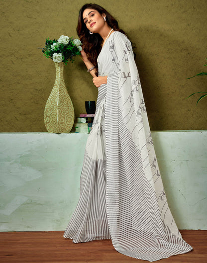 Ready To Wear Off White Linen Zari Printed Saree