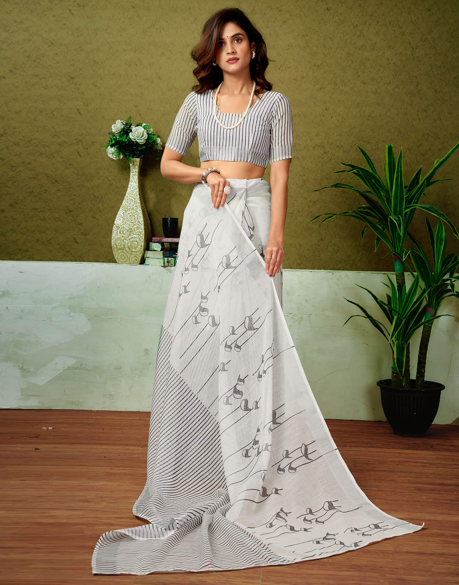 Ready To Wear Off White Linen Zari Printed Saree