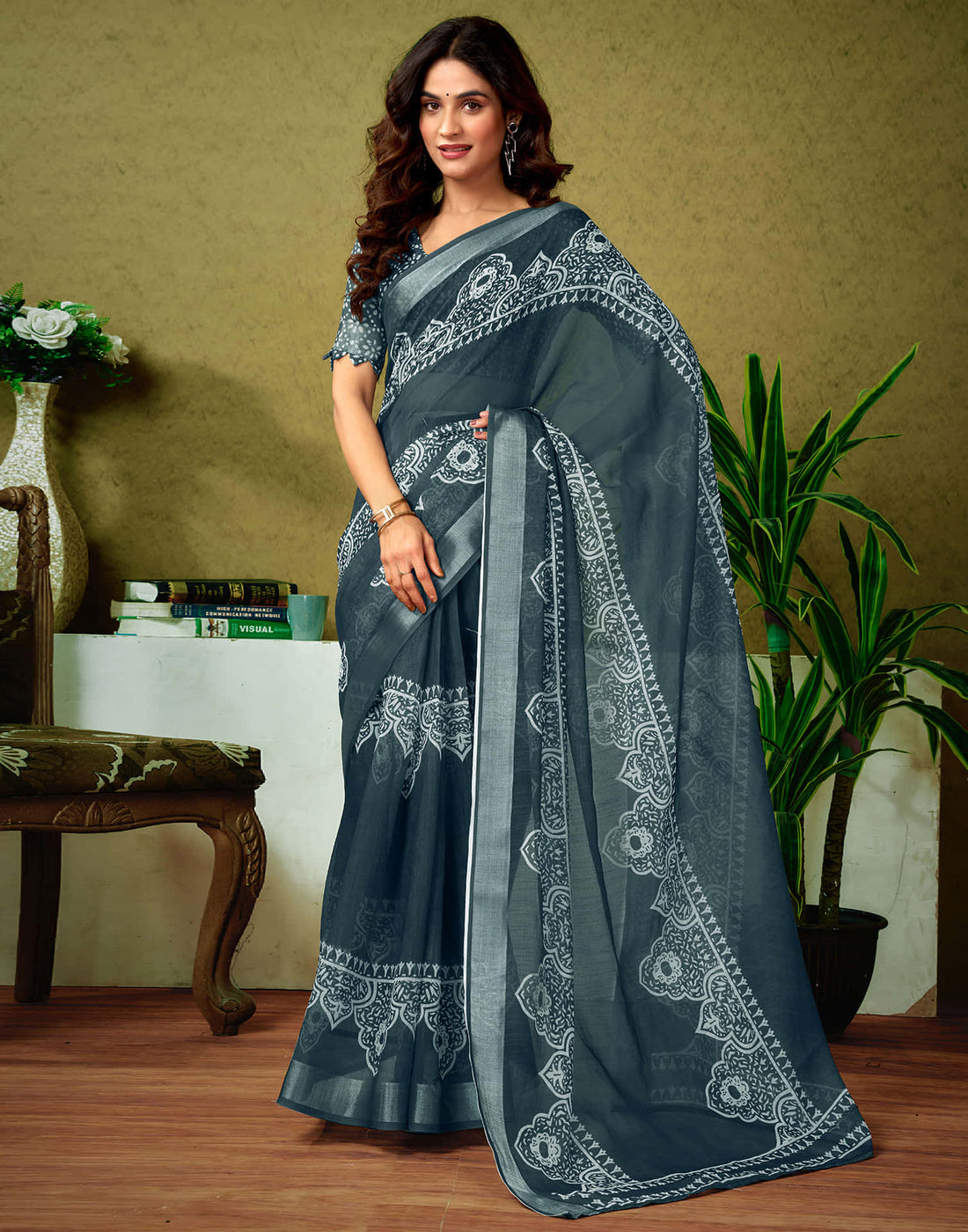 Ready To Wear Dark Grey Linen Zari Printed Saree