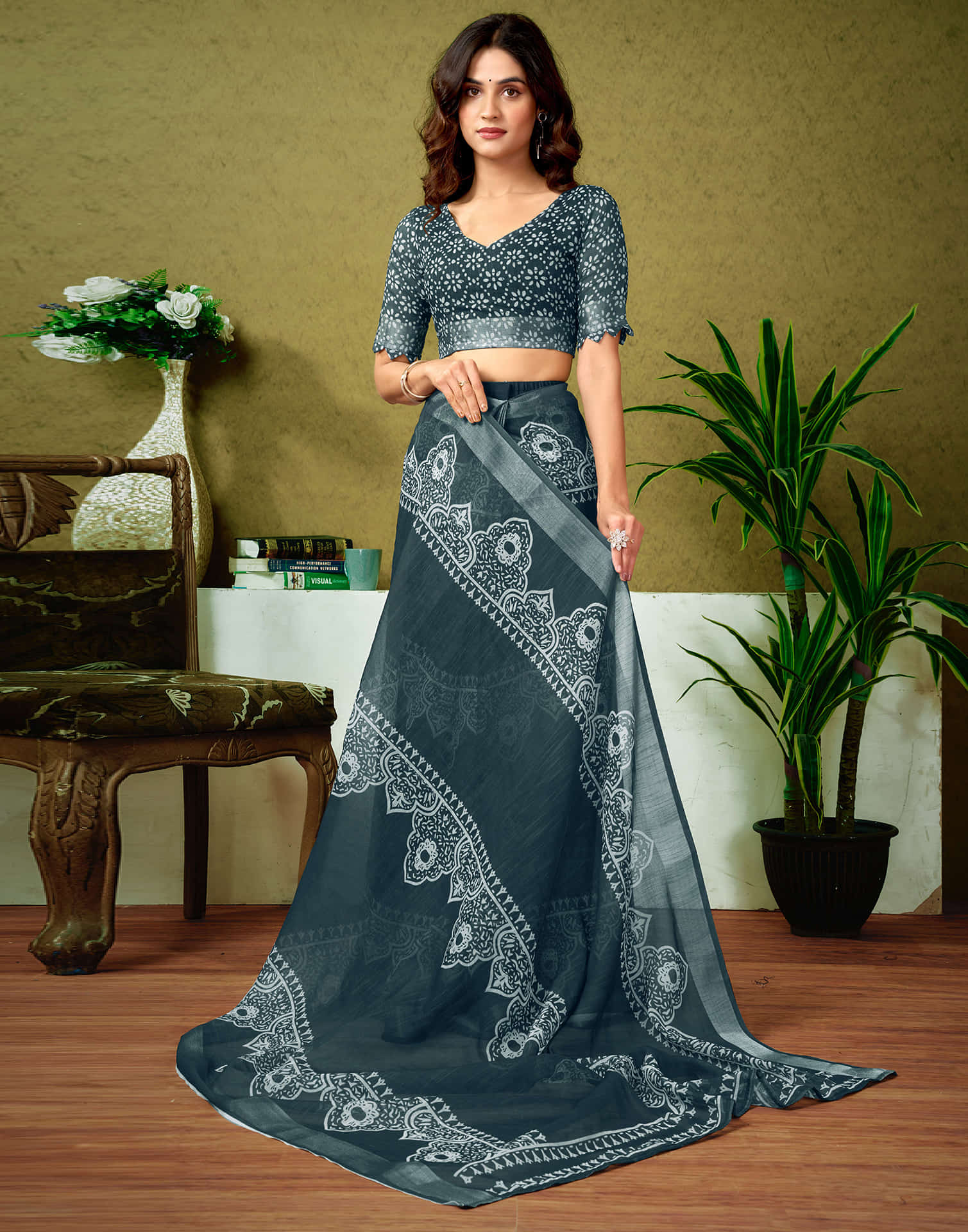 Ready To Wear Dark Grey Linen Zari Printed Saree