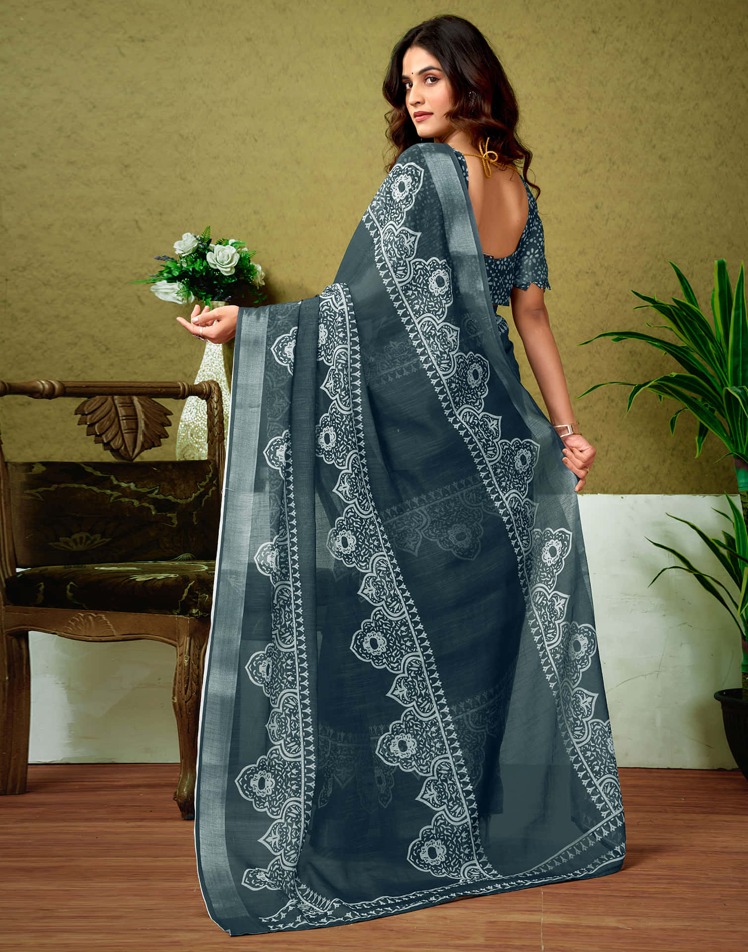 Ready To Wear Dark Grey Linen Zari Printed Saree