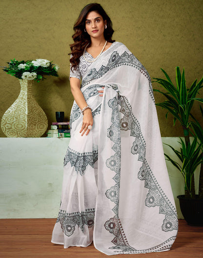 Ready To Wear White Linen Zari Printed Saree