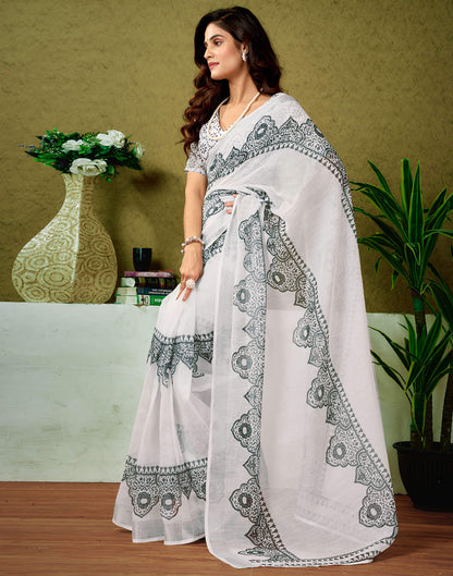 Ready To Wear White Linen Zari Printed Saree