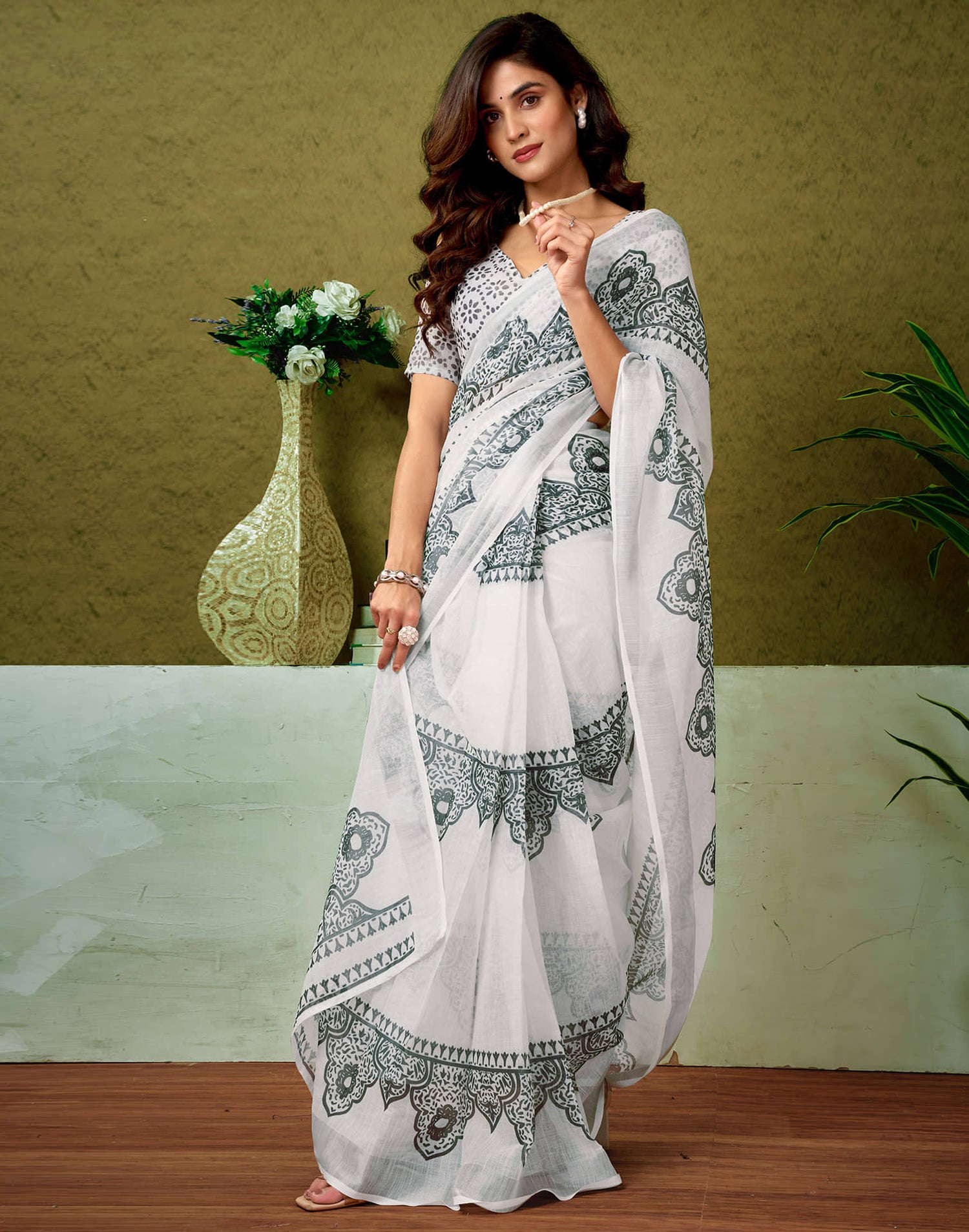 Ready To Wear White Linen Zari Printed Saree