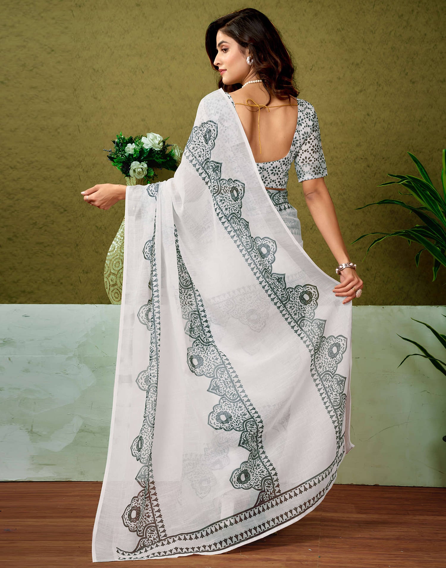 Ready To Wear White Linen Zari Printed Saree