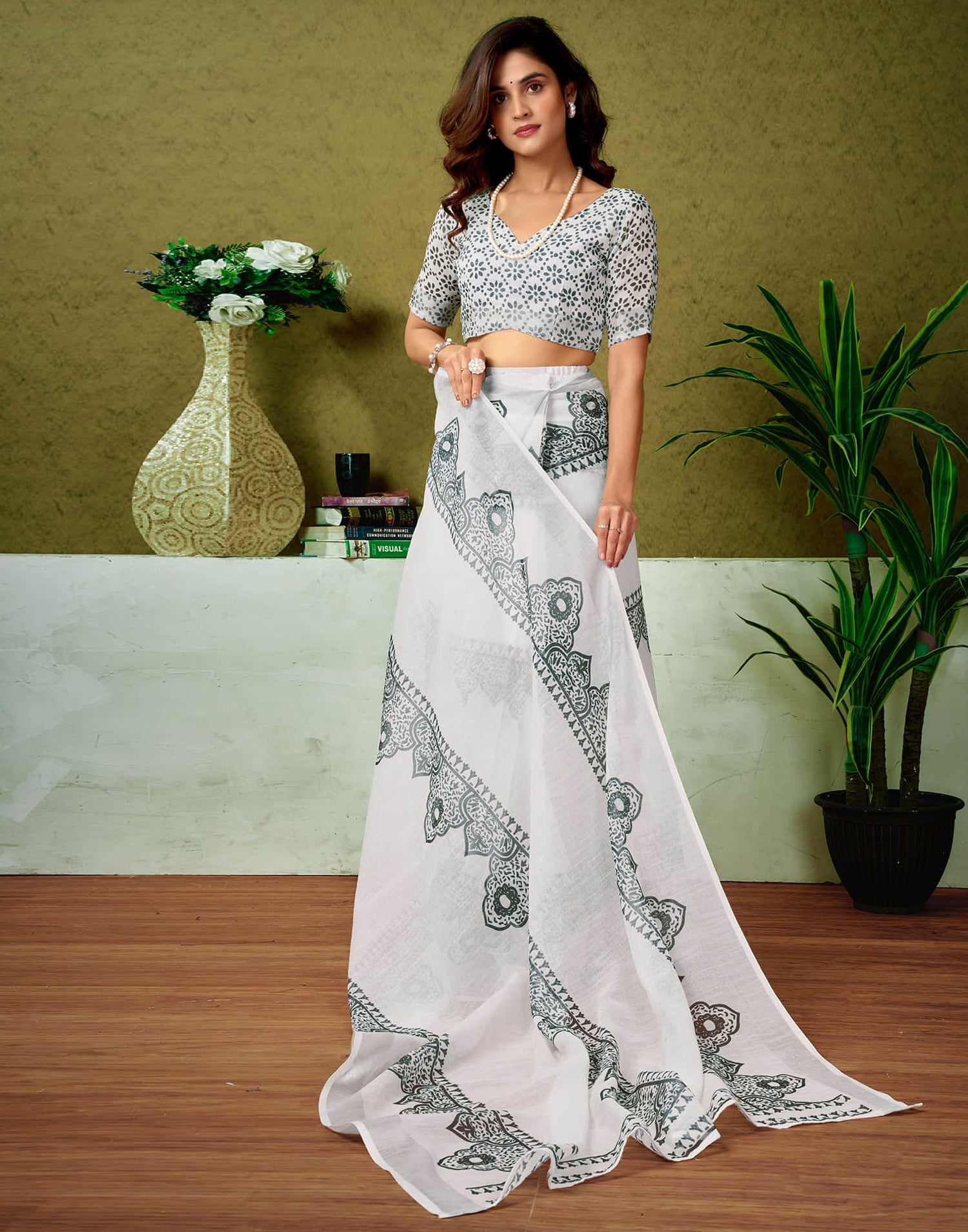 Ready To Wear White Linen Zari Printed Saree