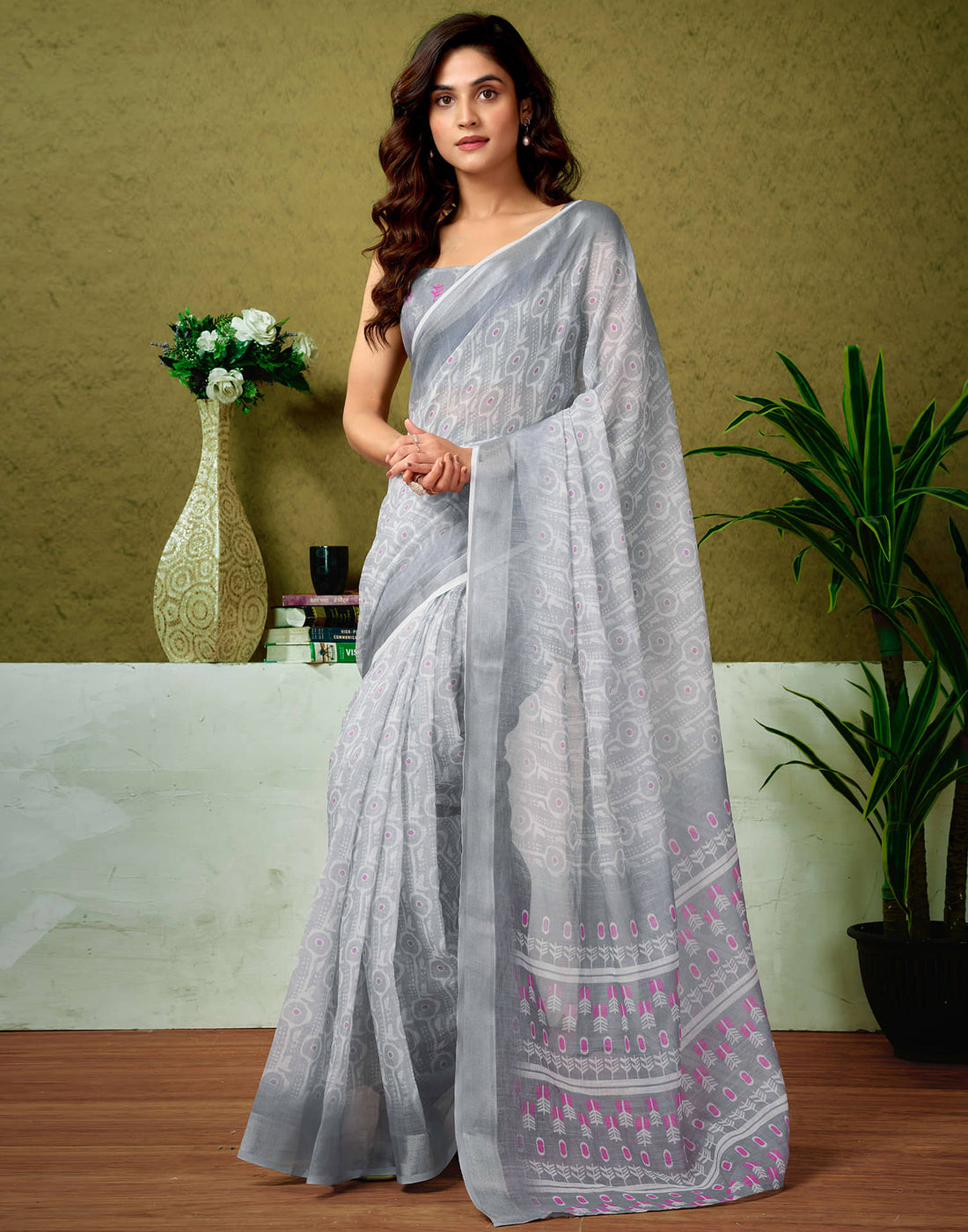 Ready To Wear Grey Linen Zari Printed Saree