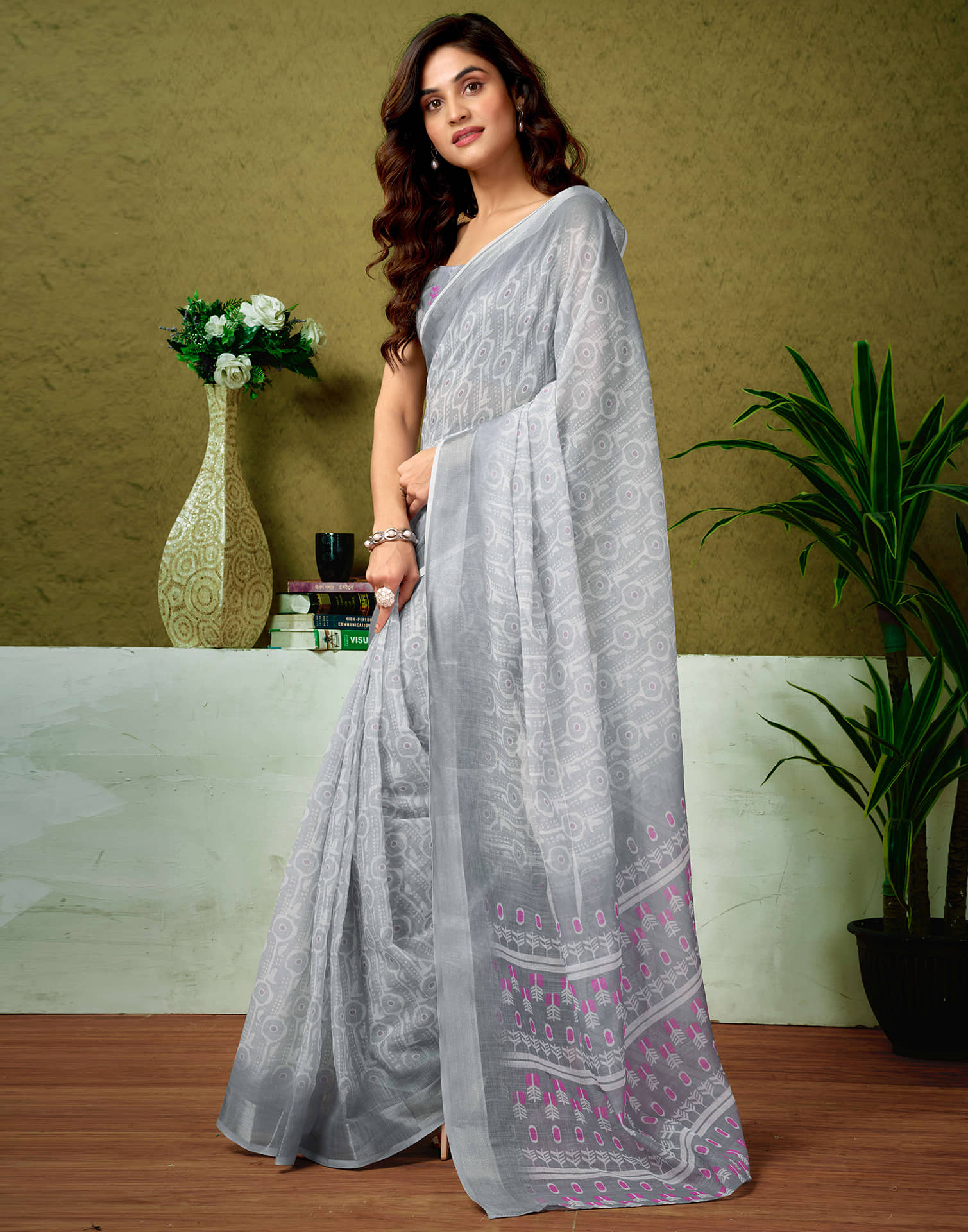 Ready To Wear Grey Linen Zari Printed Saree