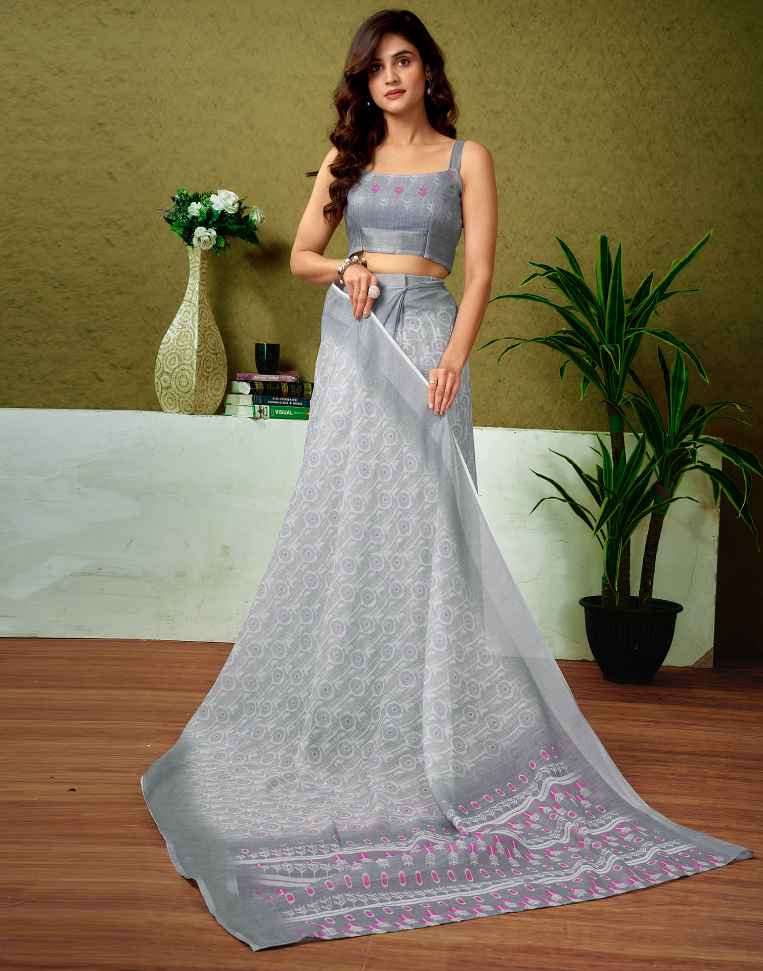 Ready To Wear Grey Linen Zari Printed Saree