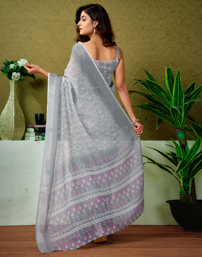 Ready To Wear Grey Linen Zari Printed Saree