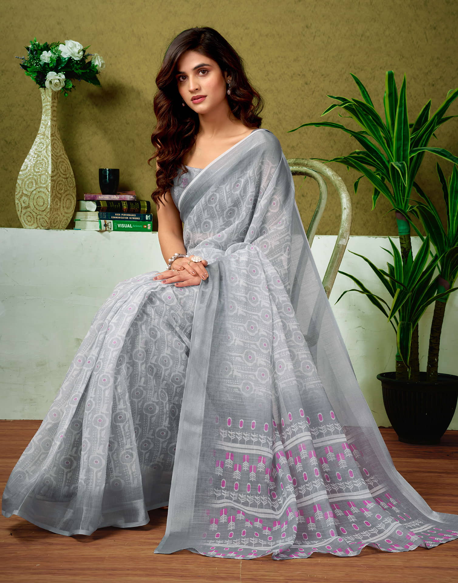 Ready To Wear Grey Linen Zari Printed Saree