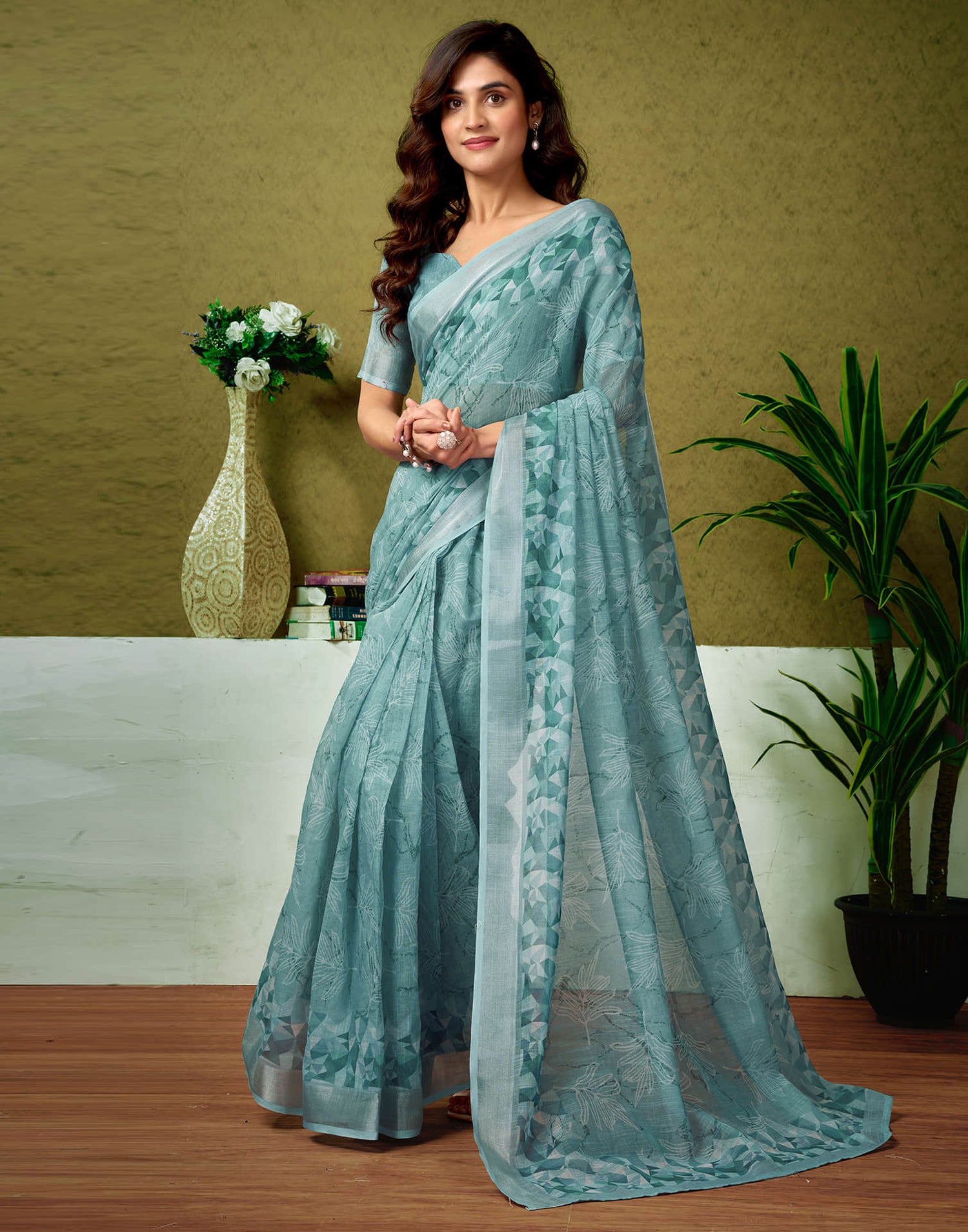 Ready To Wear Dusty Blue Linen Zari Printed Saree