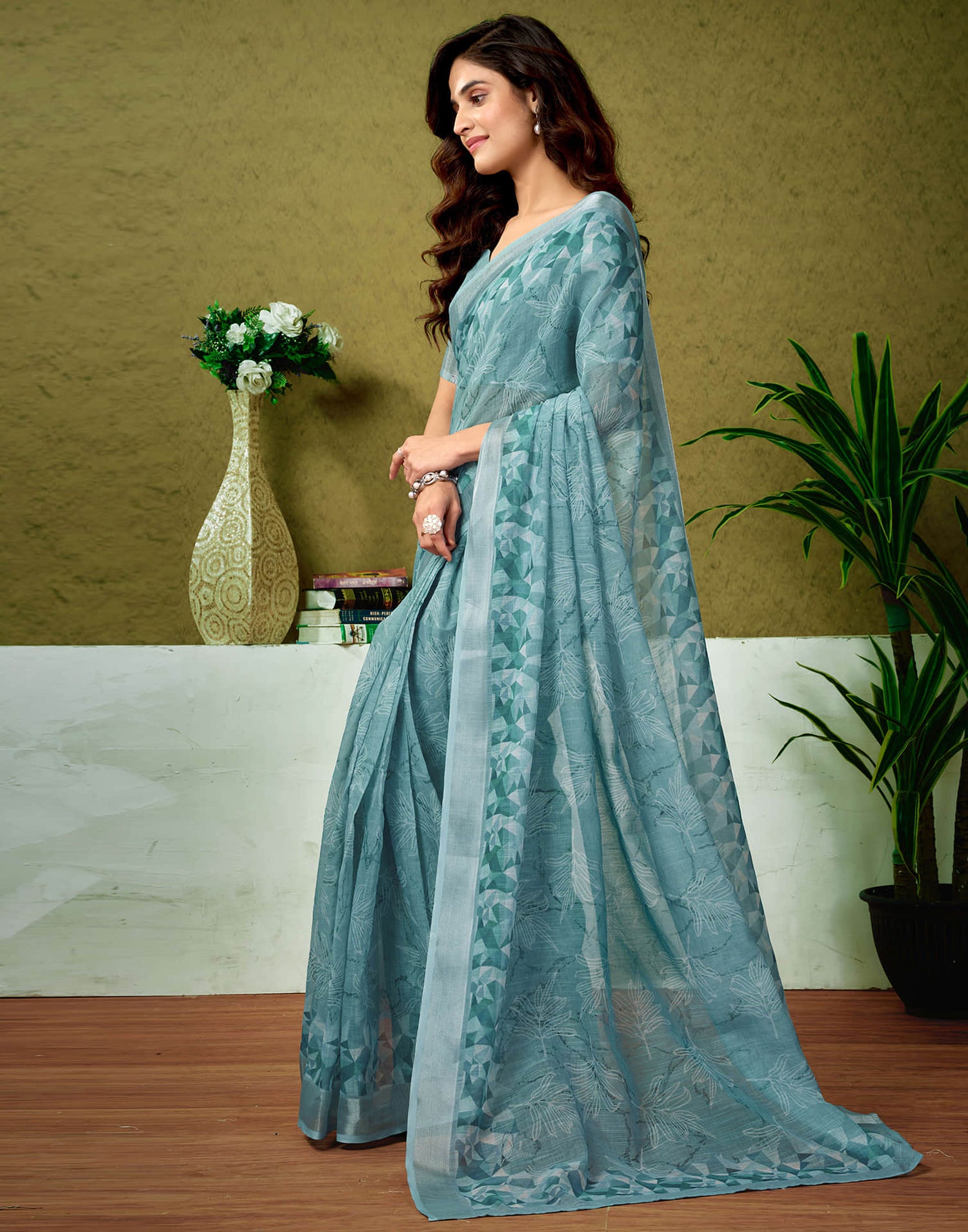 Ready To Wear Dusty Blue Linen Zari Printed Saree