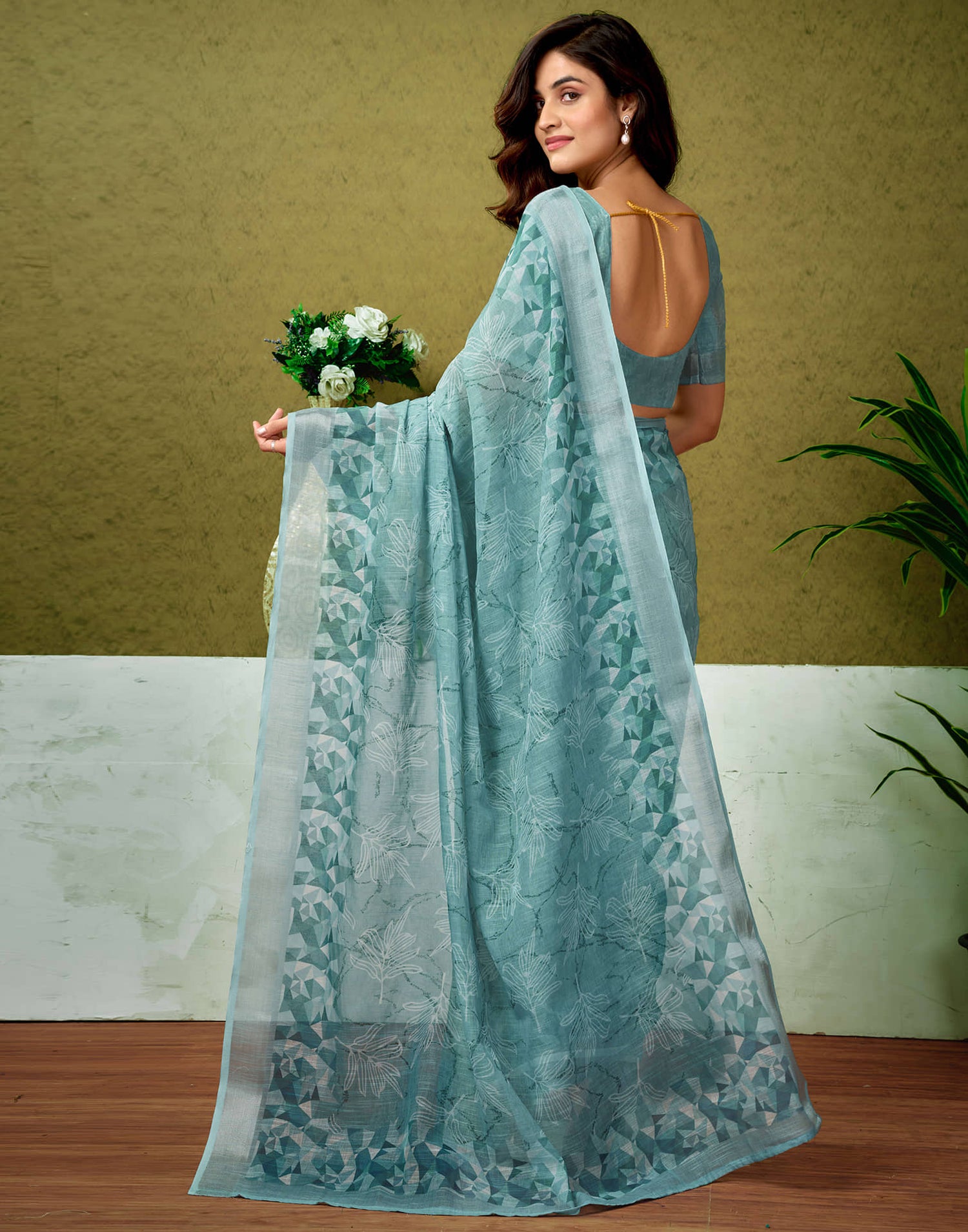 Ready To Wear Dusty Blue Linen Zari Printed Saree