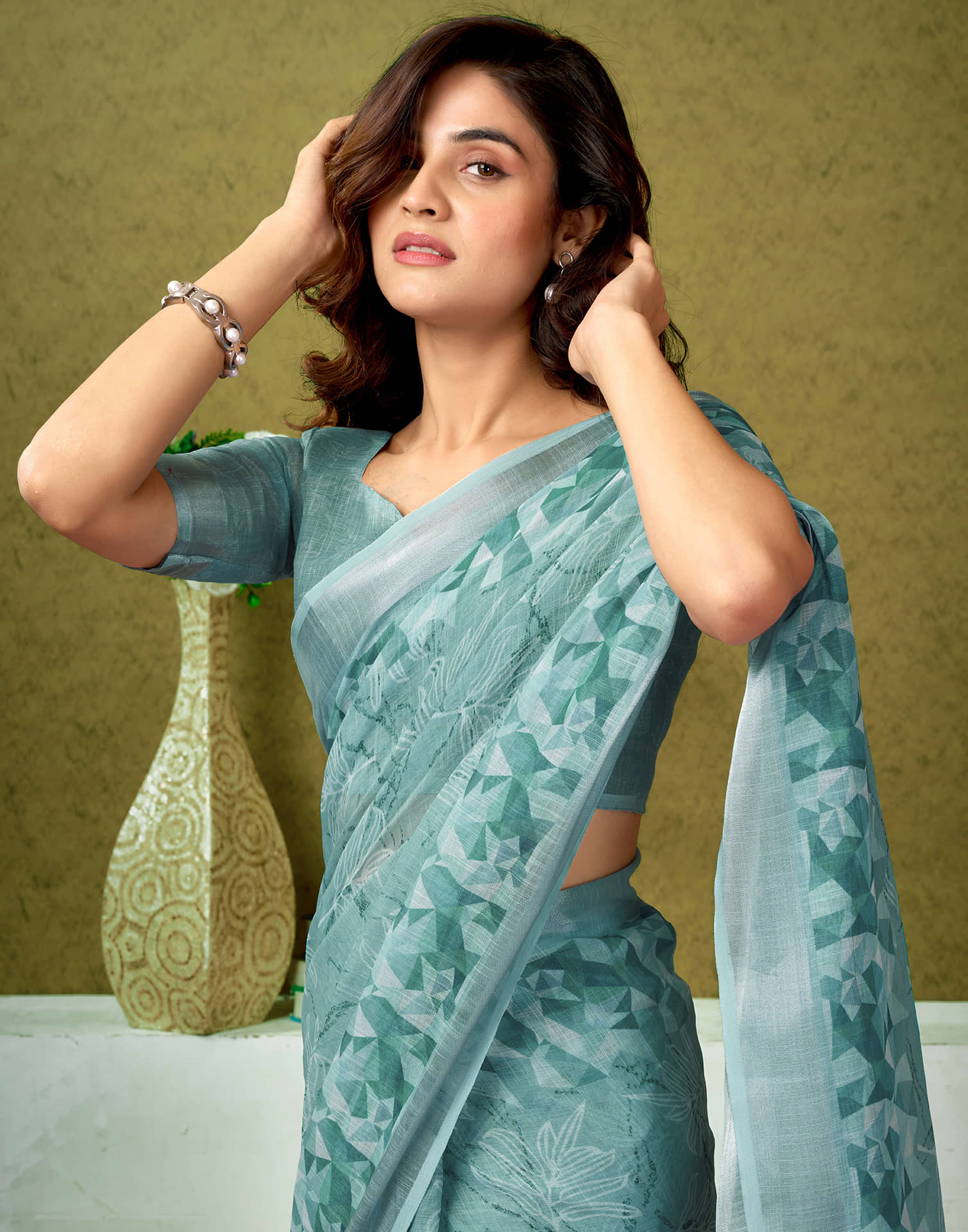 Ready To Wear Dusty Blue Linen Zari Printed Saree