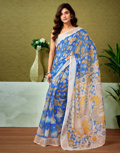 Ready To Wear Dark Blue Linen Zari Printed Saree