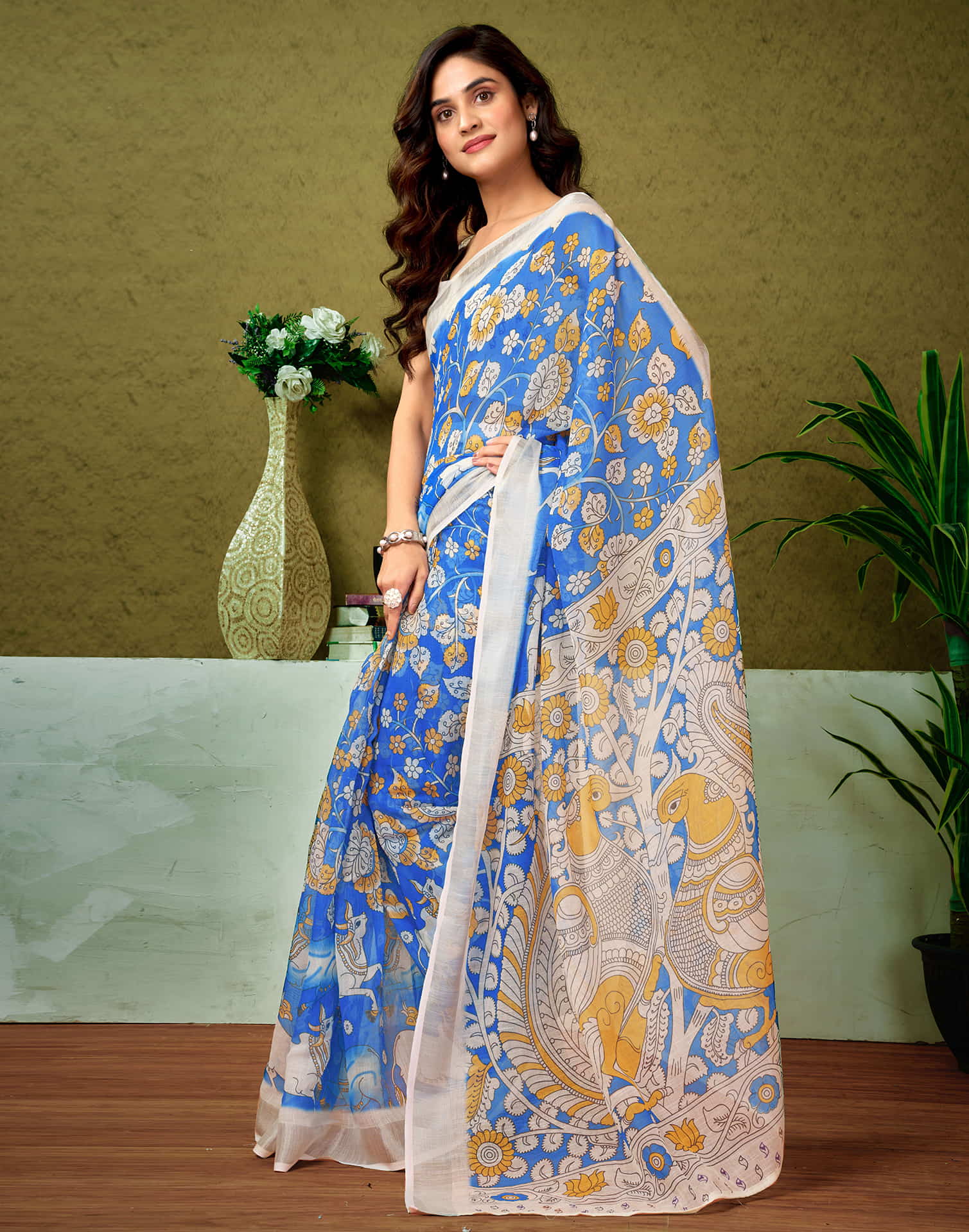 Ready To Wear Dark Blue Linen Zari Printed Saree