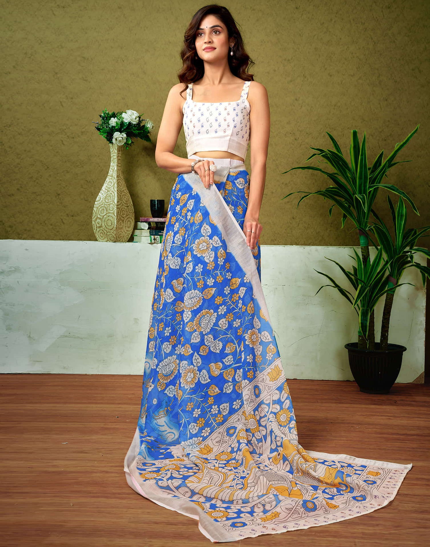 Ready To Wear Dark Blue Linen Zari Printed Saree