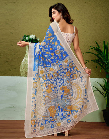 Ready To Wear Dark Blue Linen Zari Printed Saree