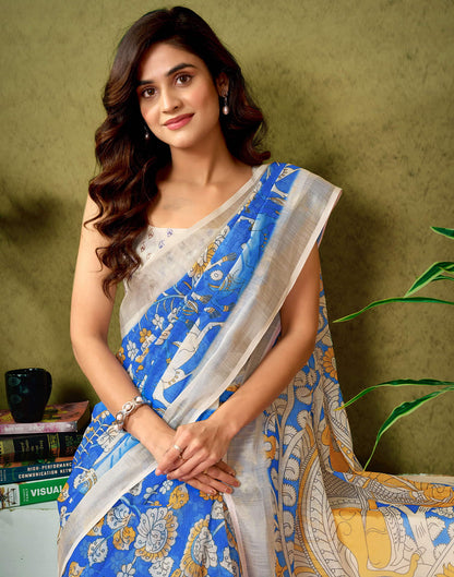 Ready To Wear Dark Blue Linen Zari Printed Saree