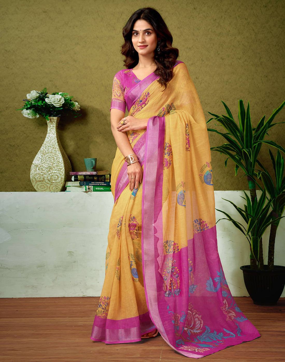 Ready To Wear Yellow Linen Zari Printed Saree