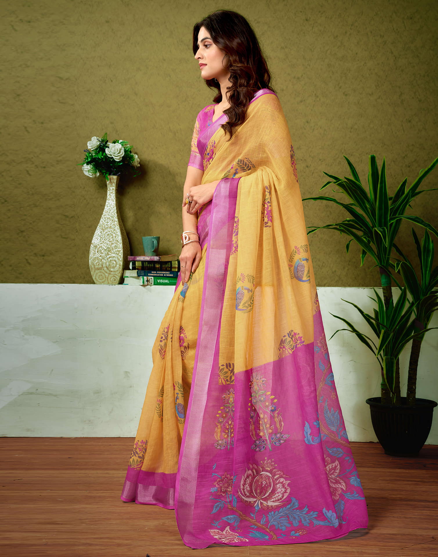 Ready To Wear Yellow Linen Zari Printed Saree