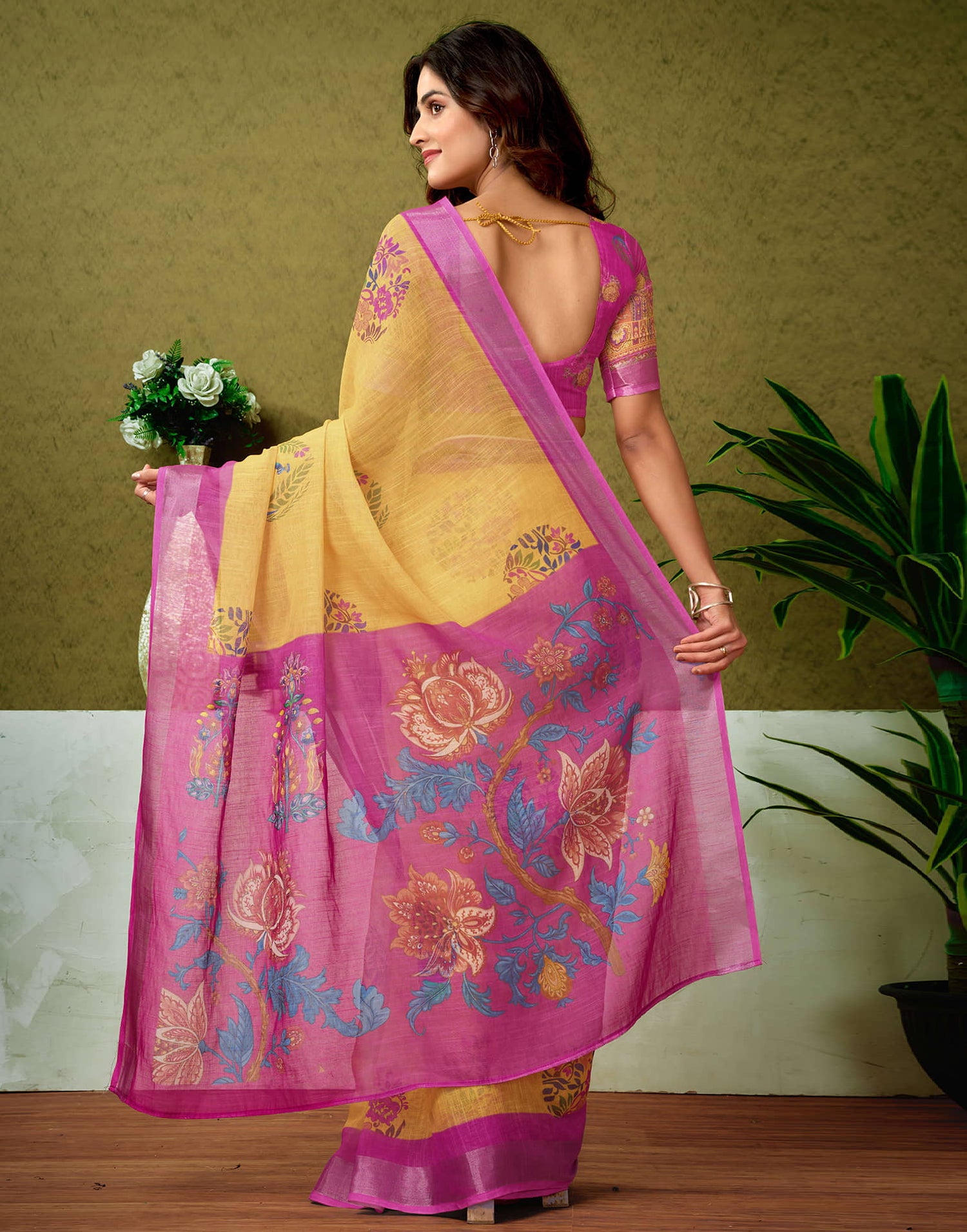 Ready To Wear Yellow Linen Zari Printed Saree