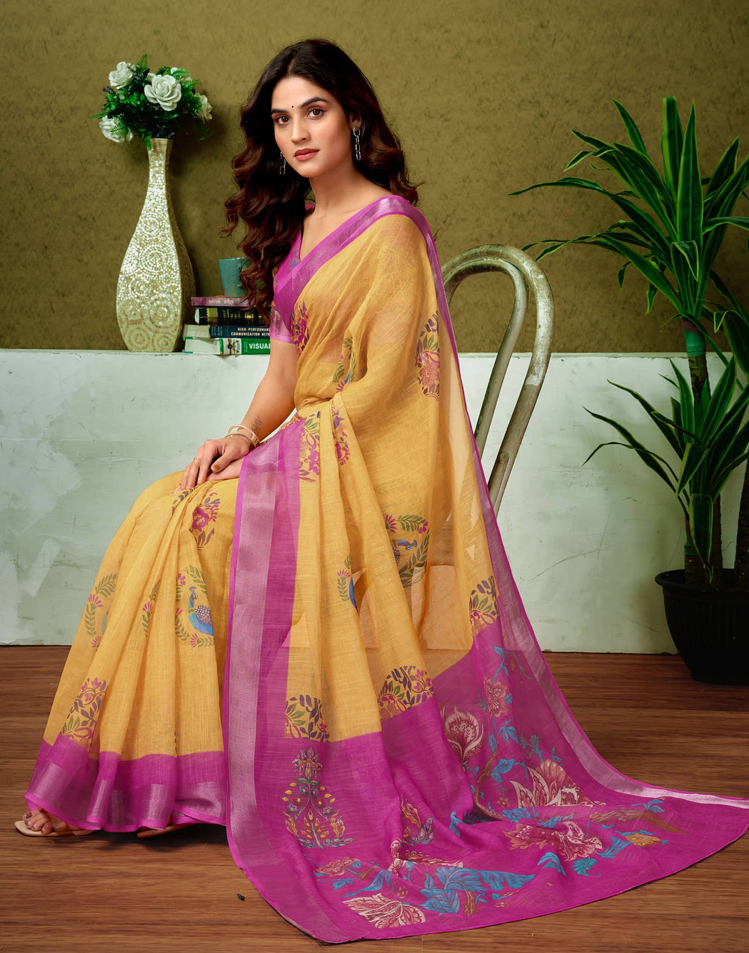 Ready To Wear Yellow Linen Zari Printed Saree