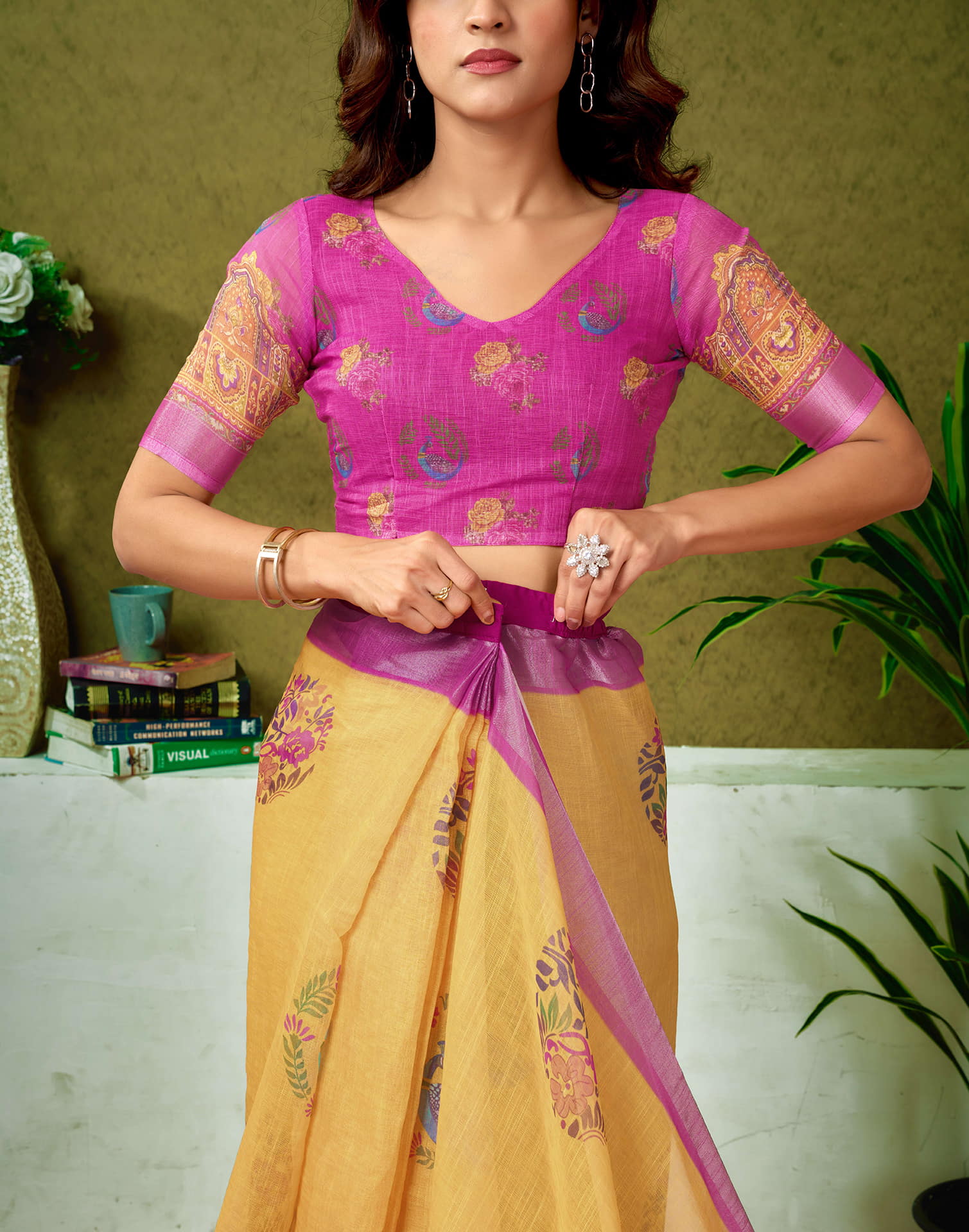 Ready To Wear Yellow Linen Zari Printed Saree