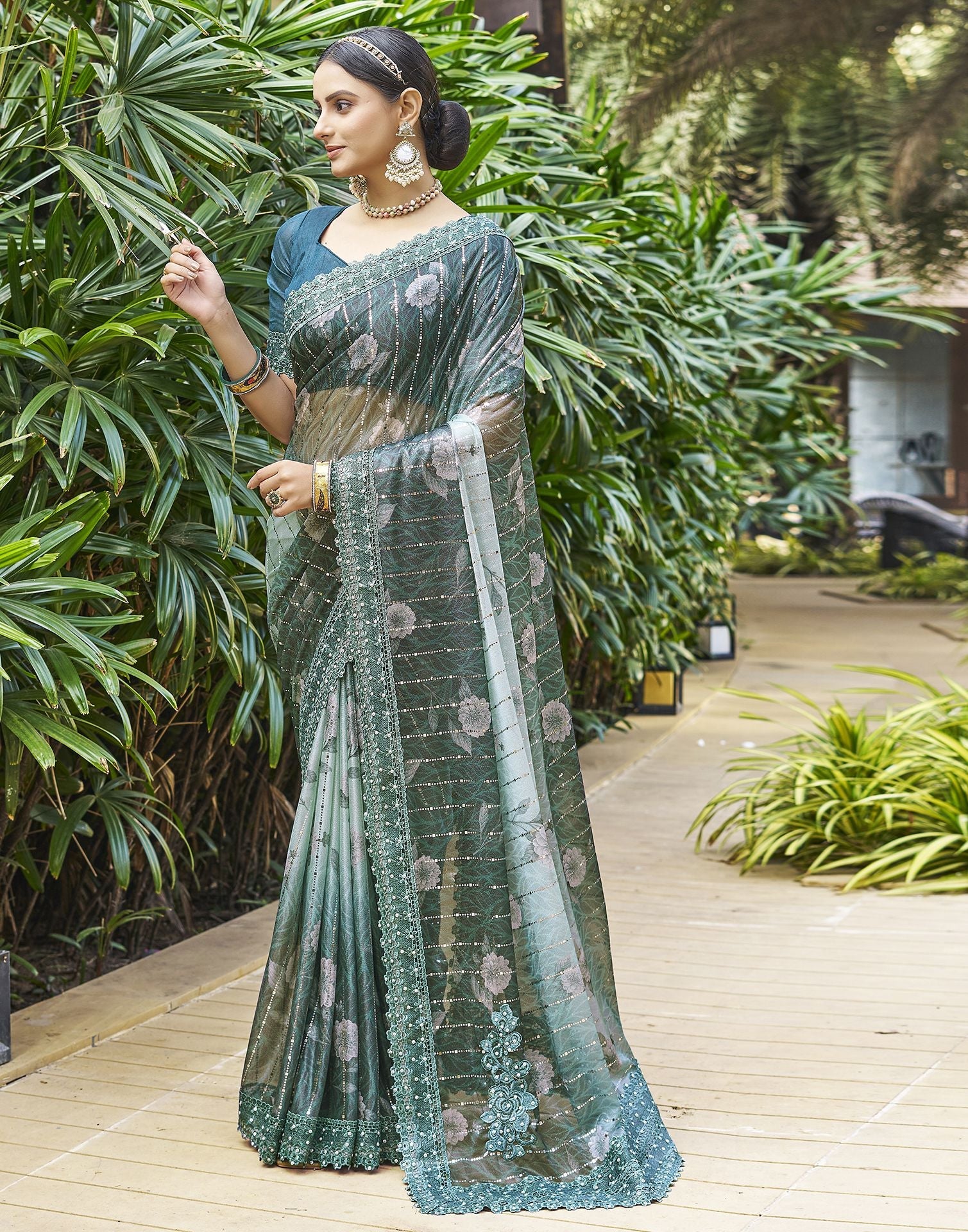 Dark Green Printed Lycra Saree