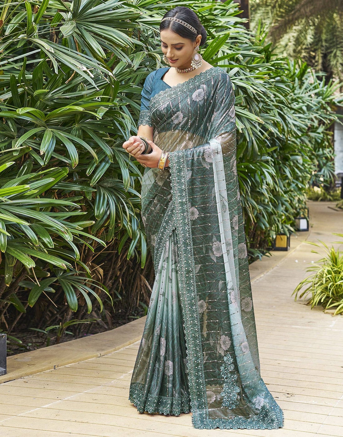 Dark Green Printed Lycra Saree