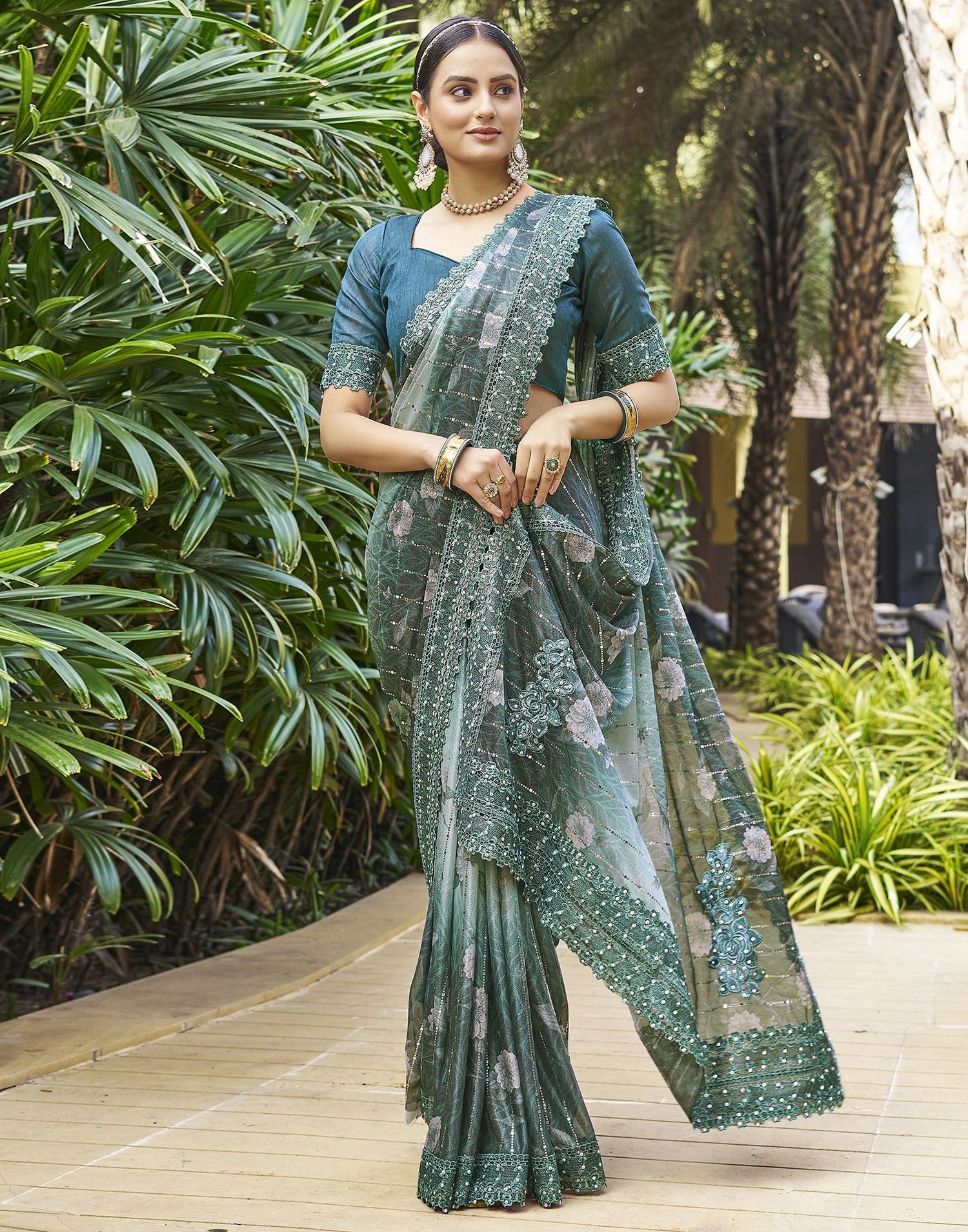 Dark Green Printed Lycra Saree