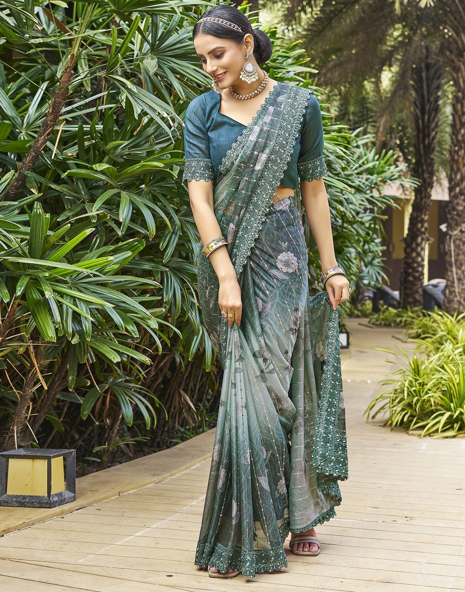 Dark Green Printed Lycra Saree