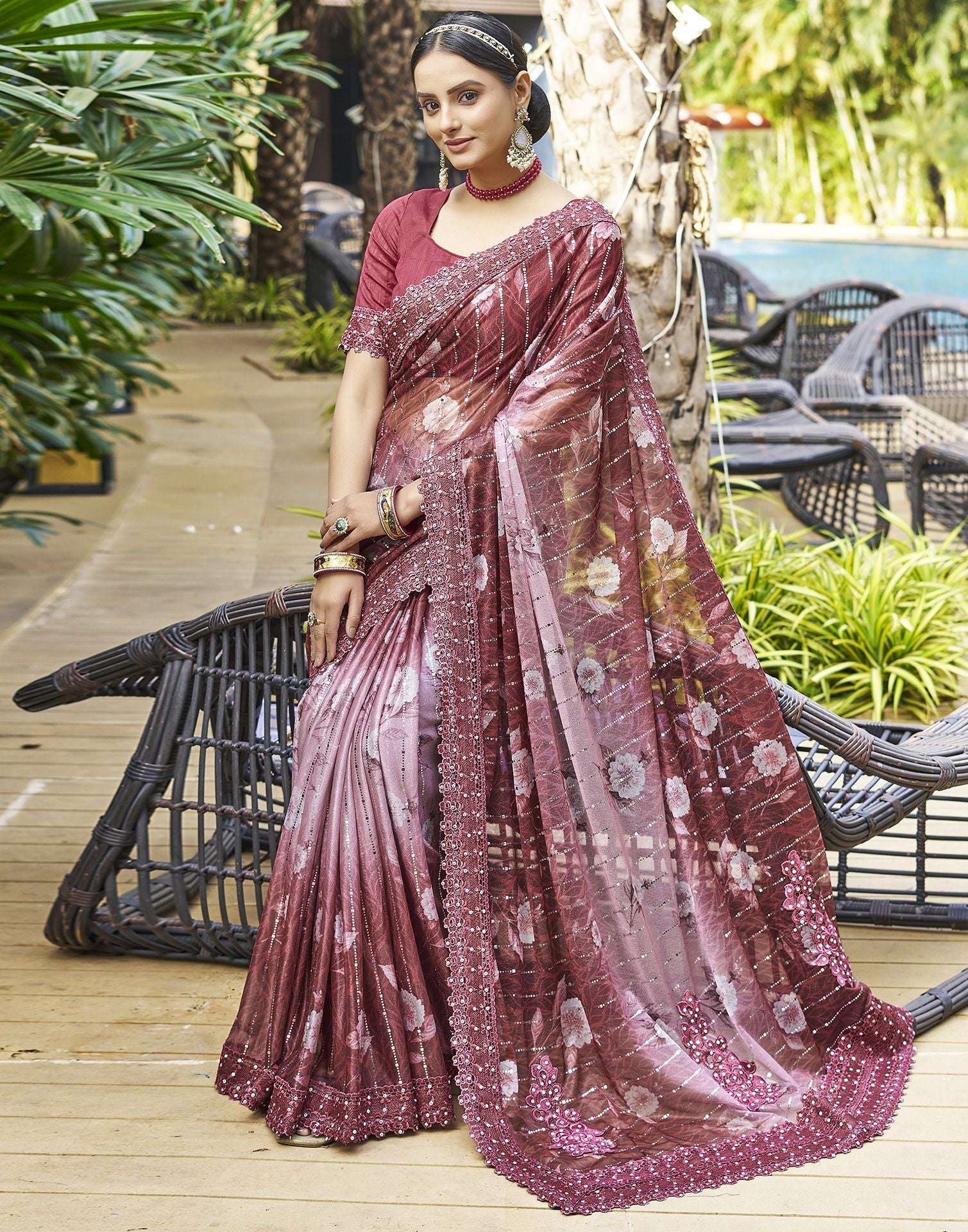 Maroon Printed Lycra Saree