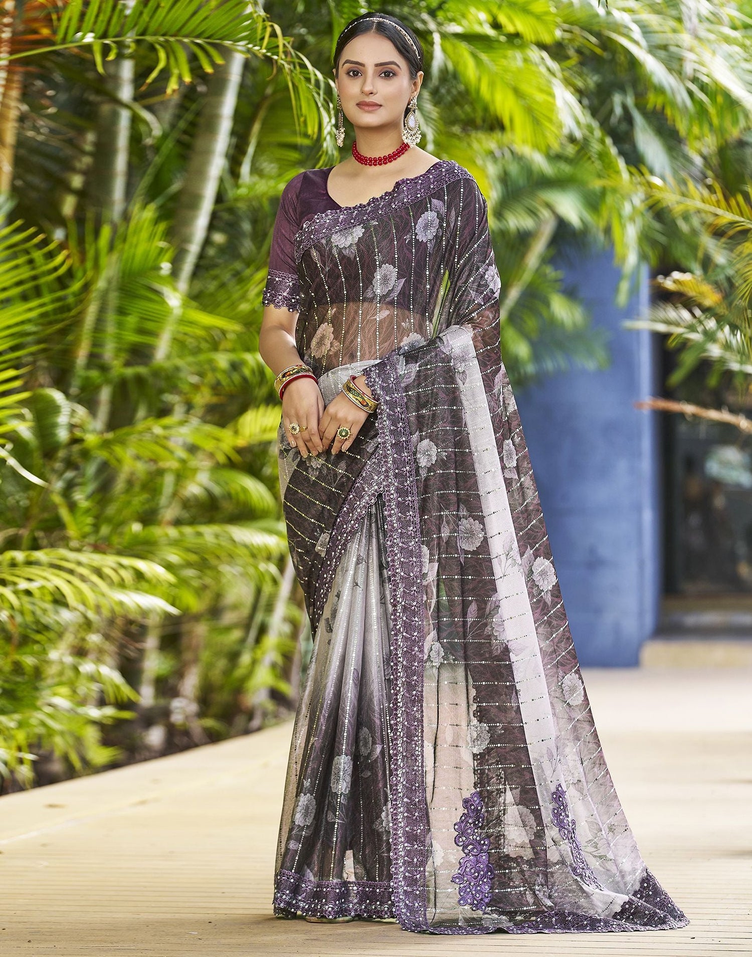 Wine Printed Lycra Saree