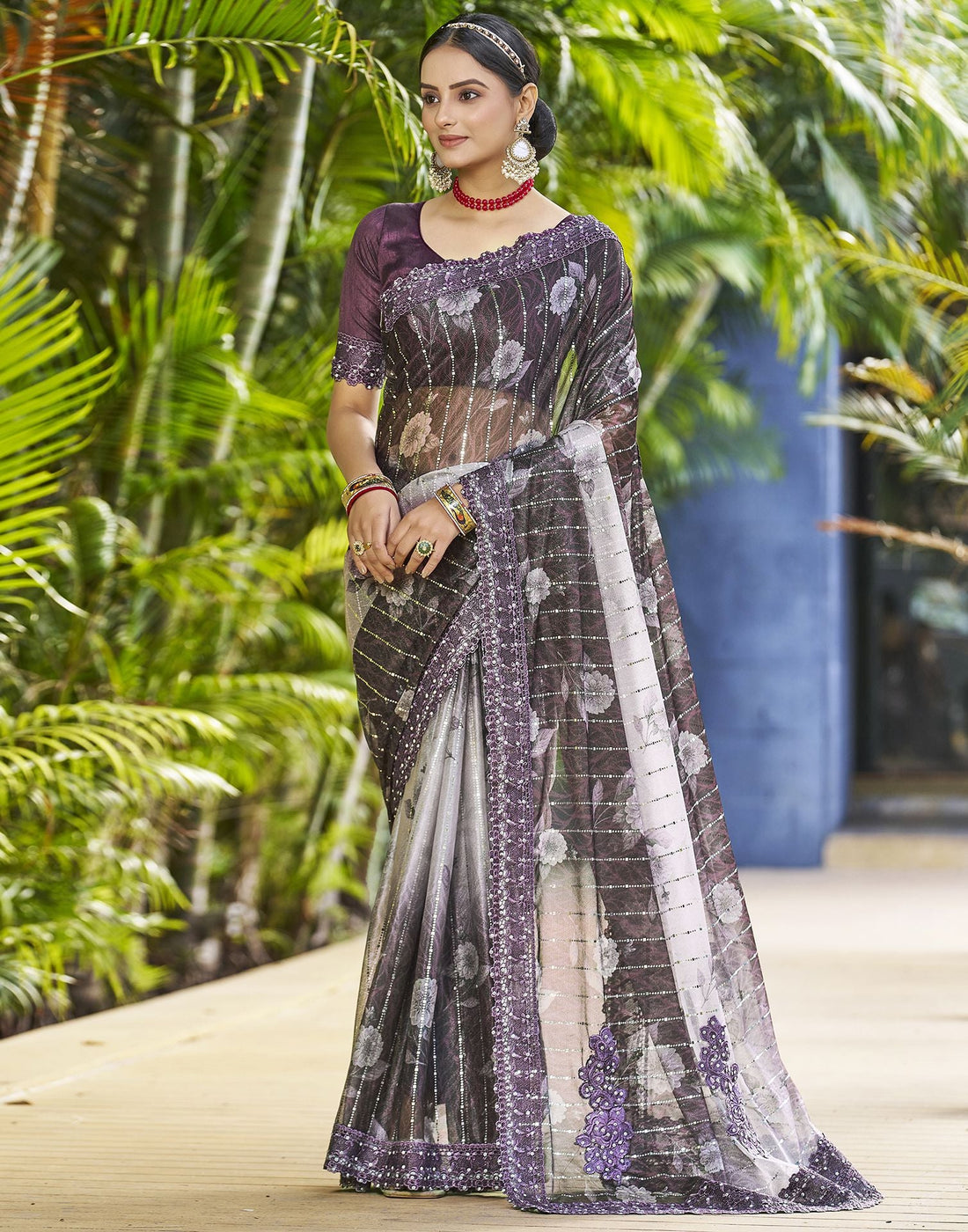 Wine Printed Lycra Saree