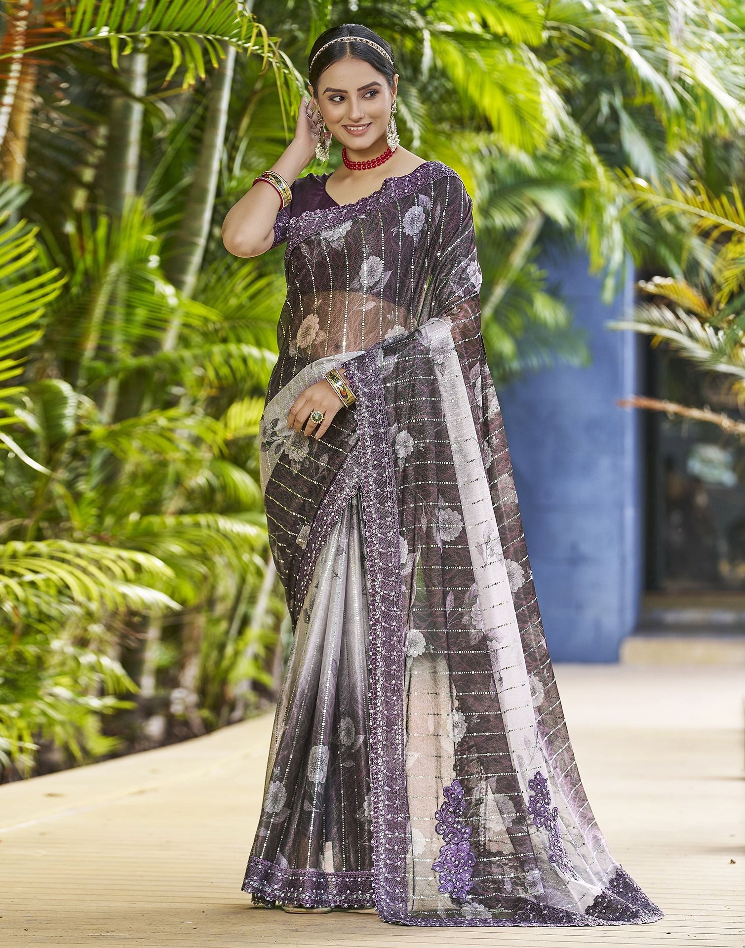 Wine Printed Lycra Saree