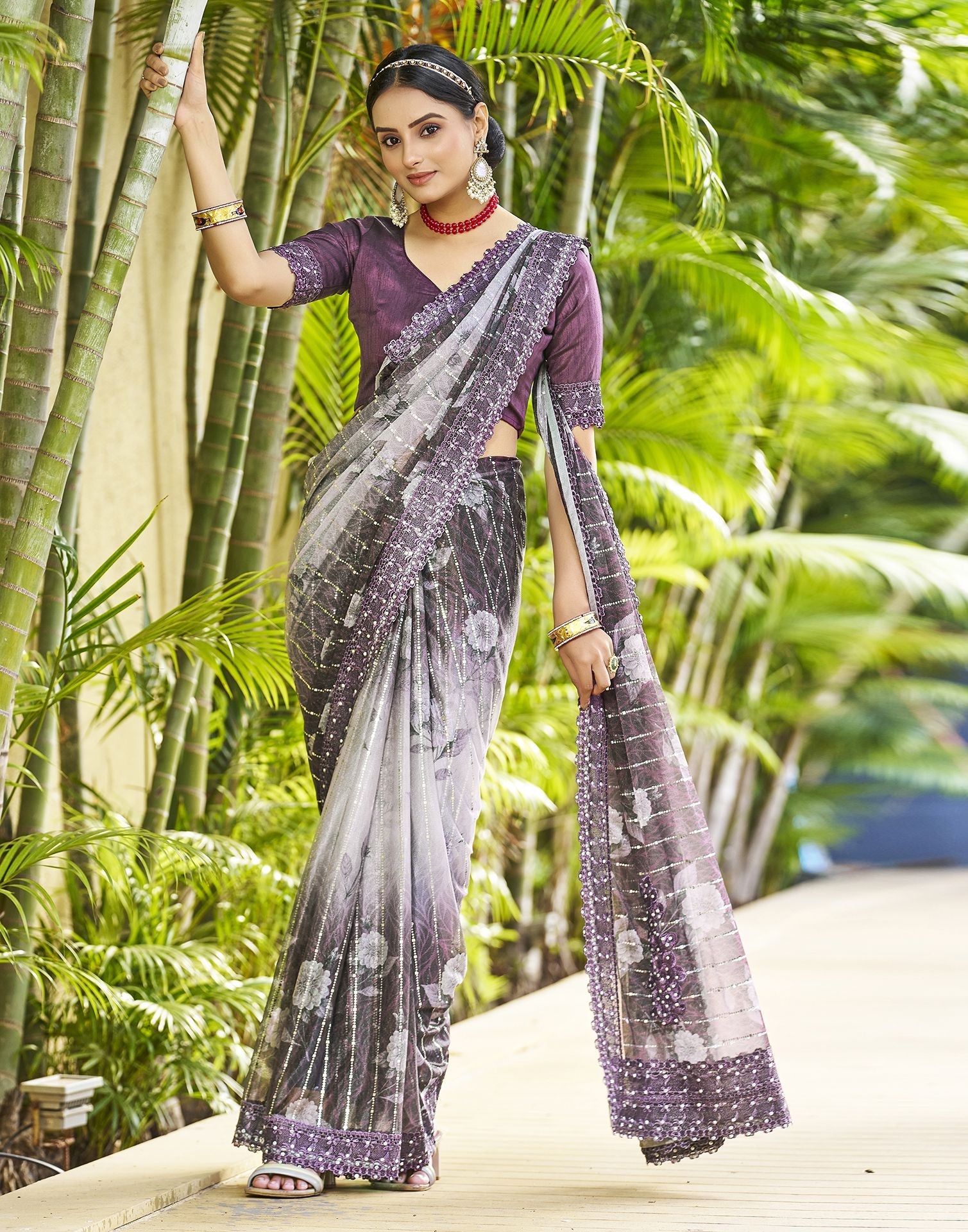 Wine Printed Lycra Saree