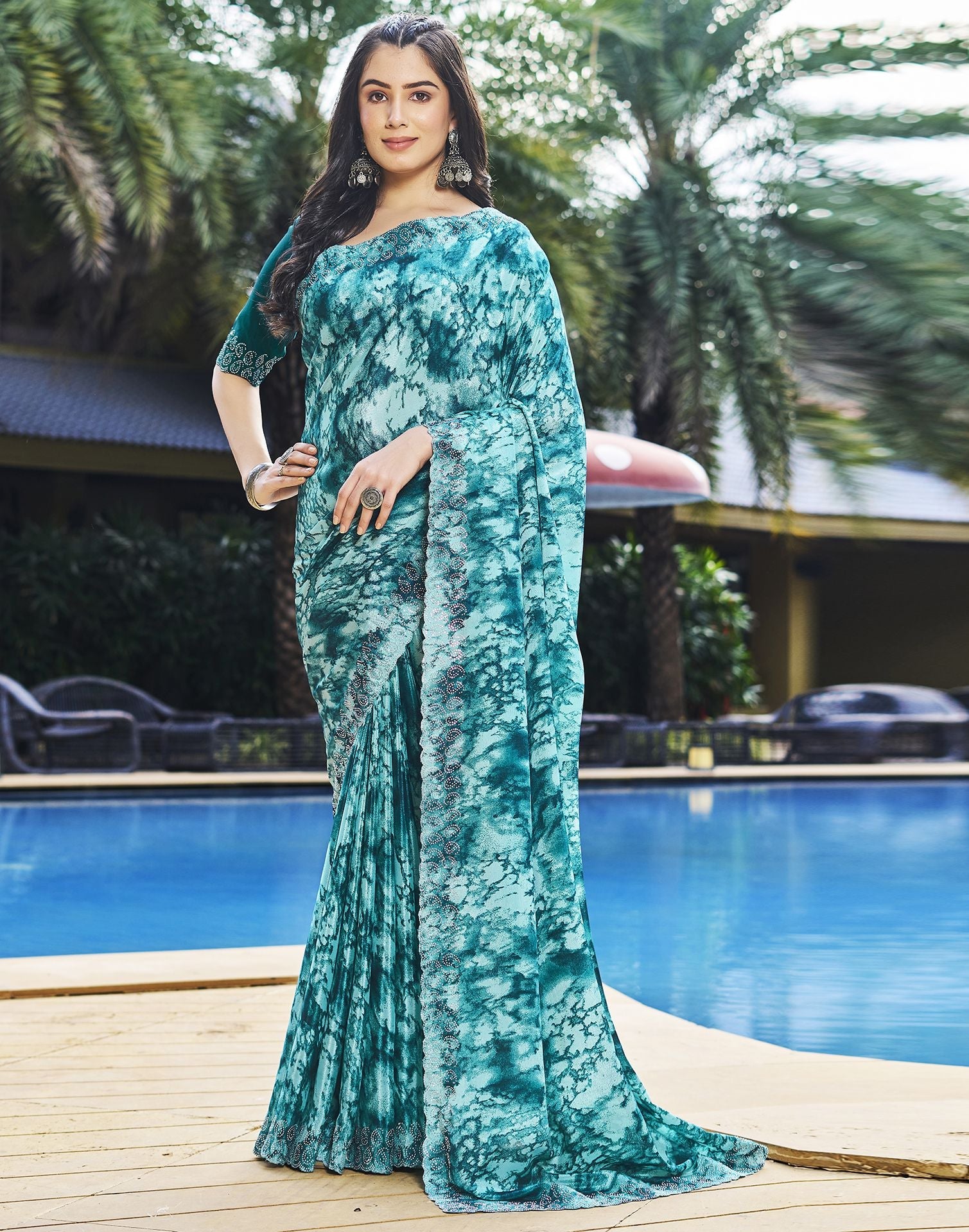 Turquoise Printed Silk Saree