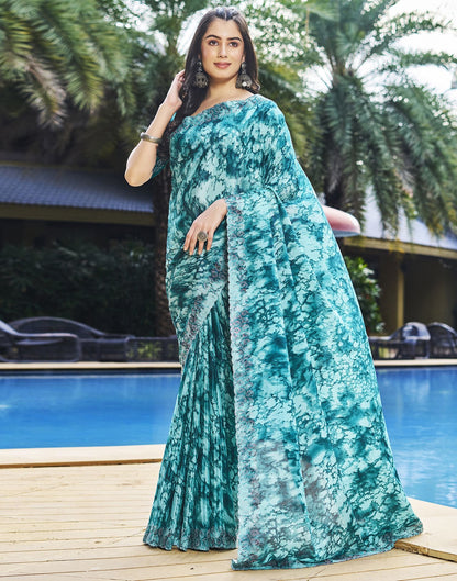 Turquoise Printed Silk Saree